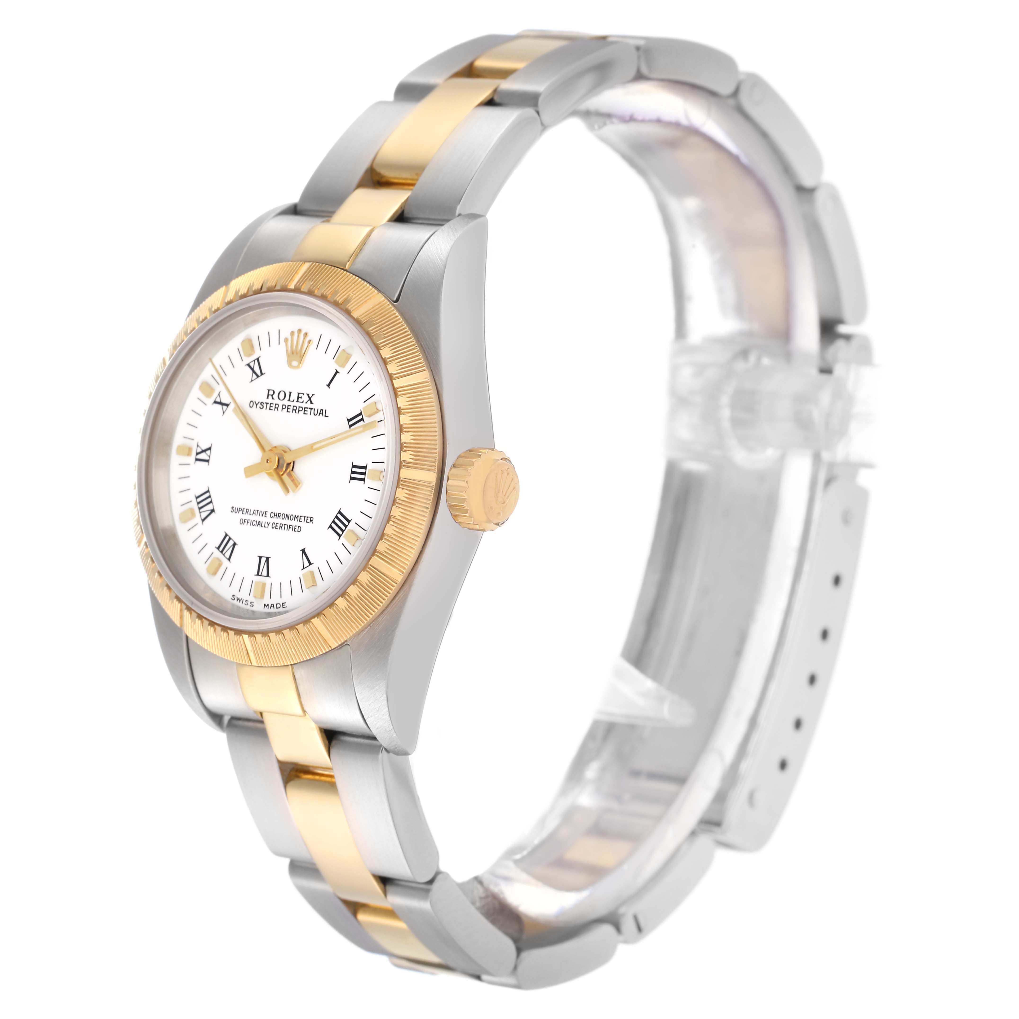 The Rolex Oyster Perpetual model 76243 is shown at an angled side view, displaying its two-tone bracelet, bezel, crown, and part of the dial.