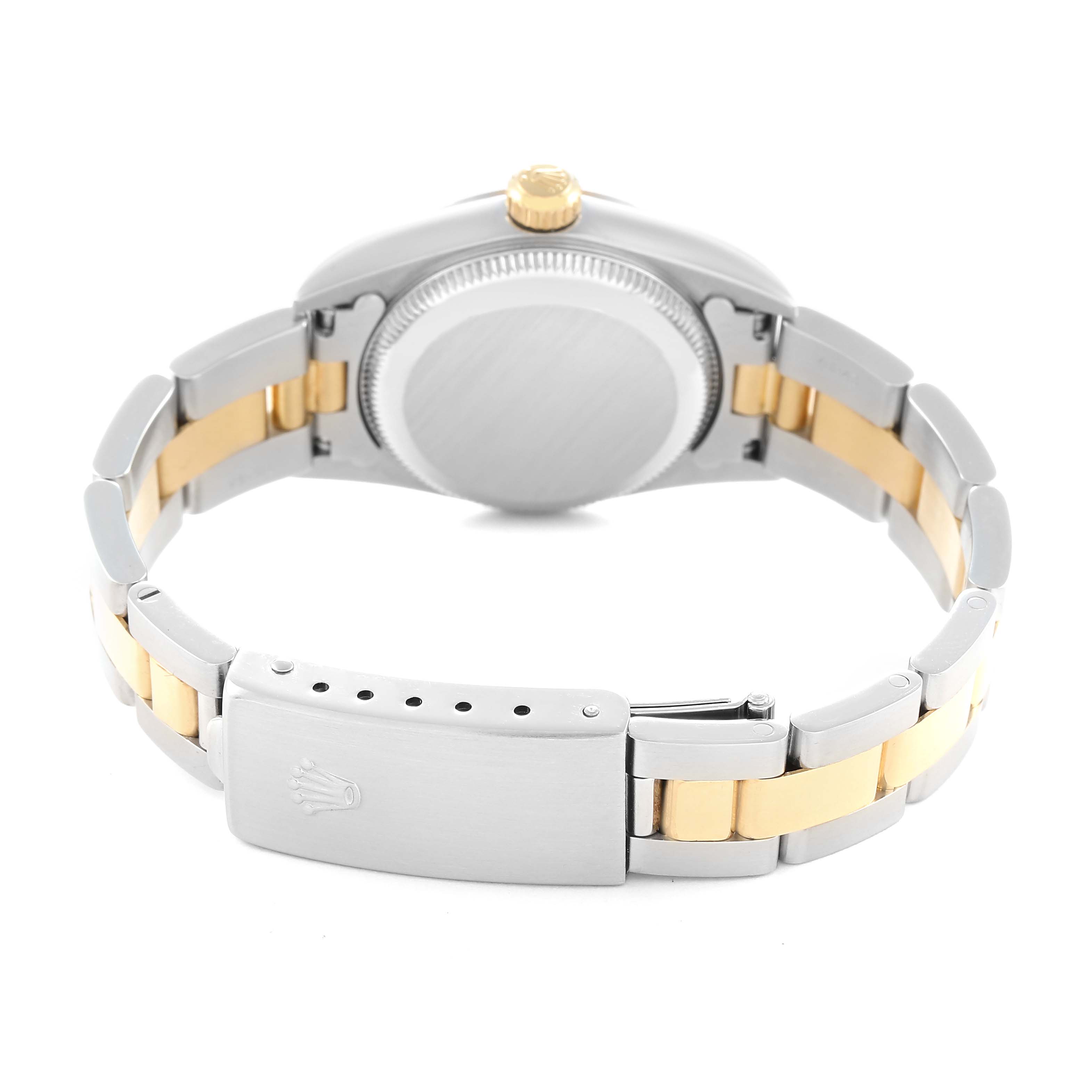 The image shows the back angle of a Rolex Oyster Perpetual model 76243 men's watch, highlighting the case back, crown, and two-tone bracelet with a clasp.