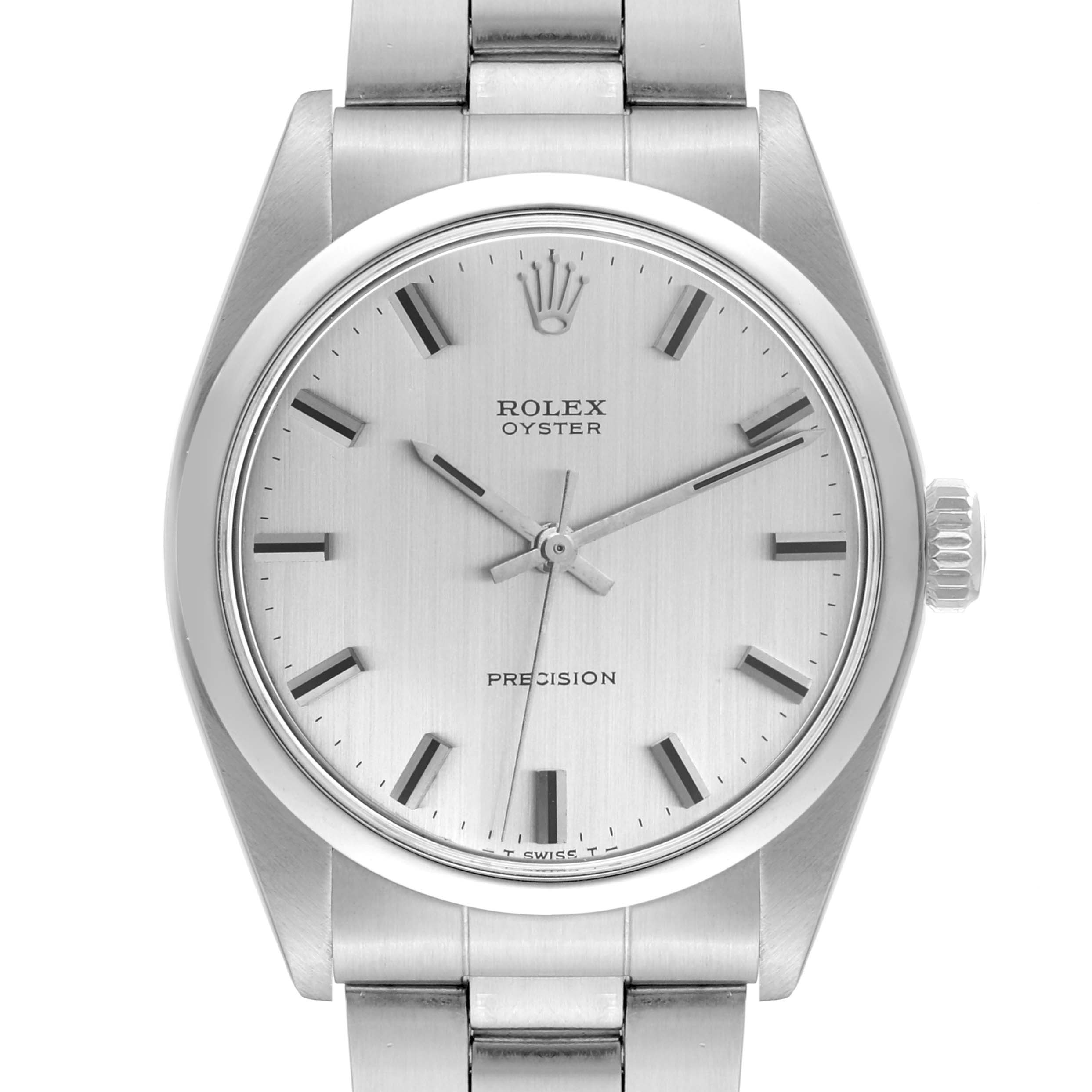 This image shows a front view of a Rolex Vintage Collection 6426 Men's Stainless Steel Silver Dial 6426 Men's Stainless Steel Silver Dial Oyster Precision watch displaying its dial, case, and bracelet.