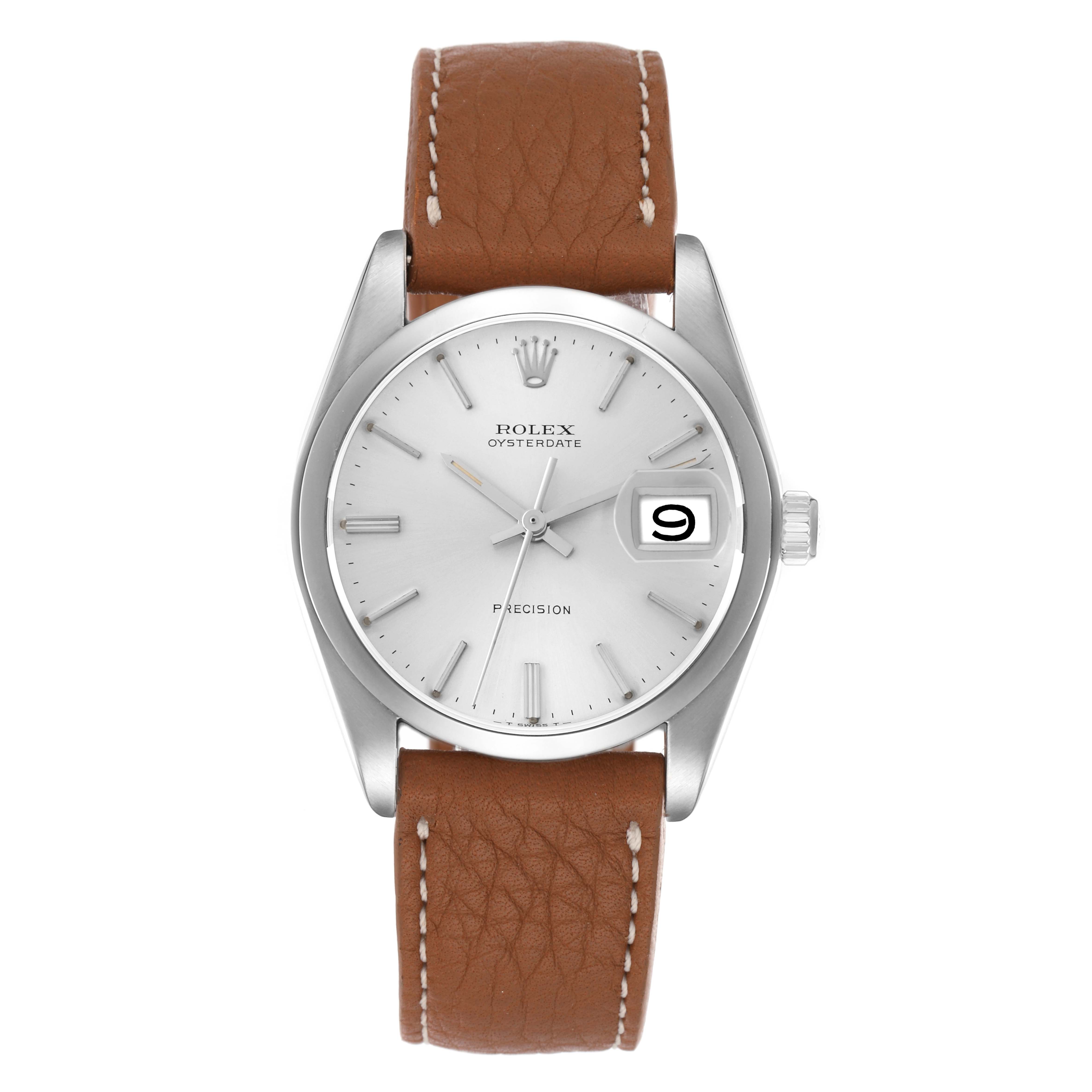 The Rolex Vintage Collection model 6694 men
s watch is shown from a front angle, highlighting the silver dial, hour markers, hands, and brown leather strap.