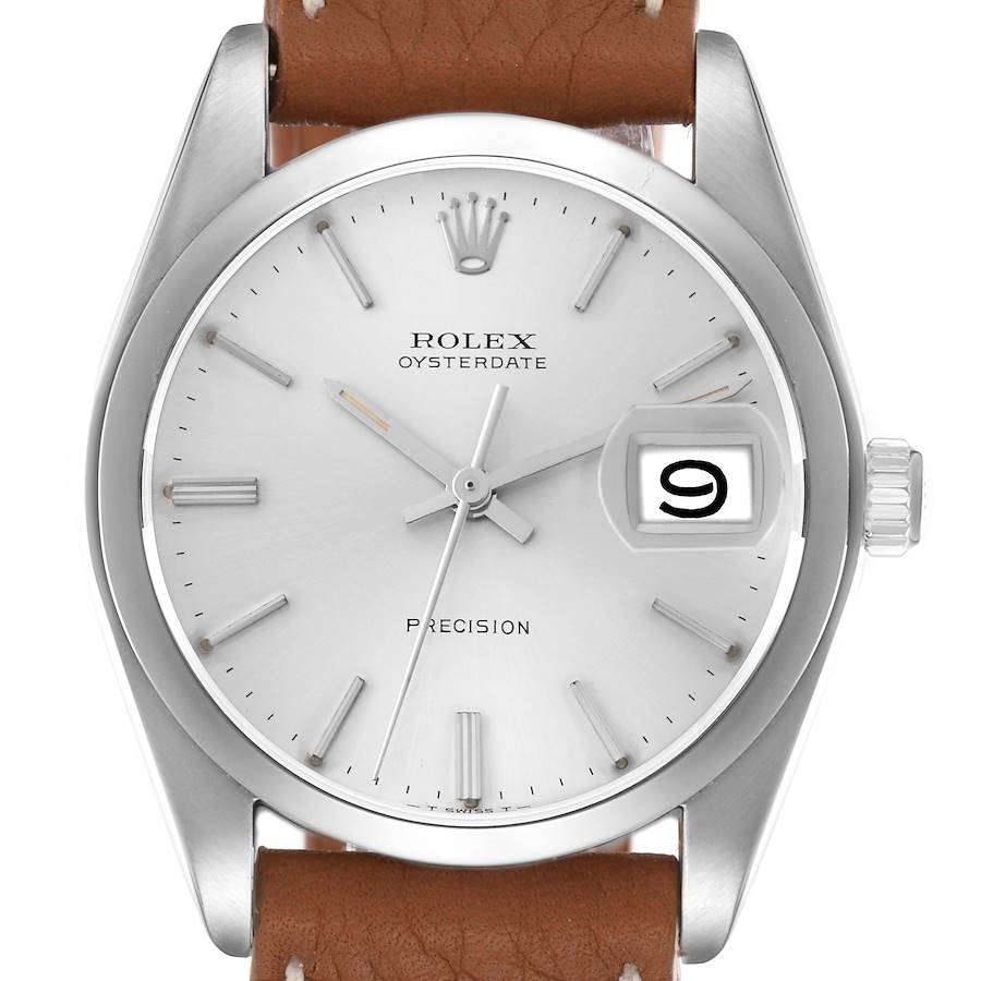The image shows a front view of the Rolex Oysterdate Precision Vintage Collection, model number 6694, highlighting the dial, crown, and leather strap.