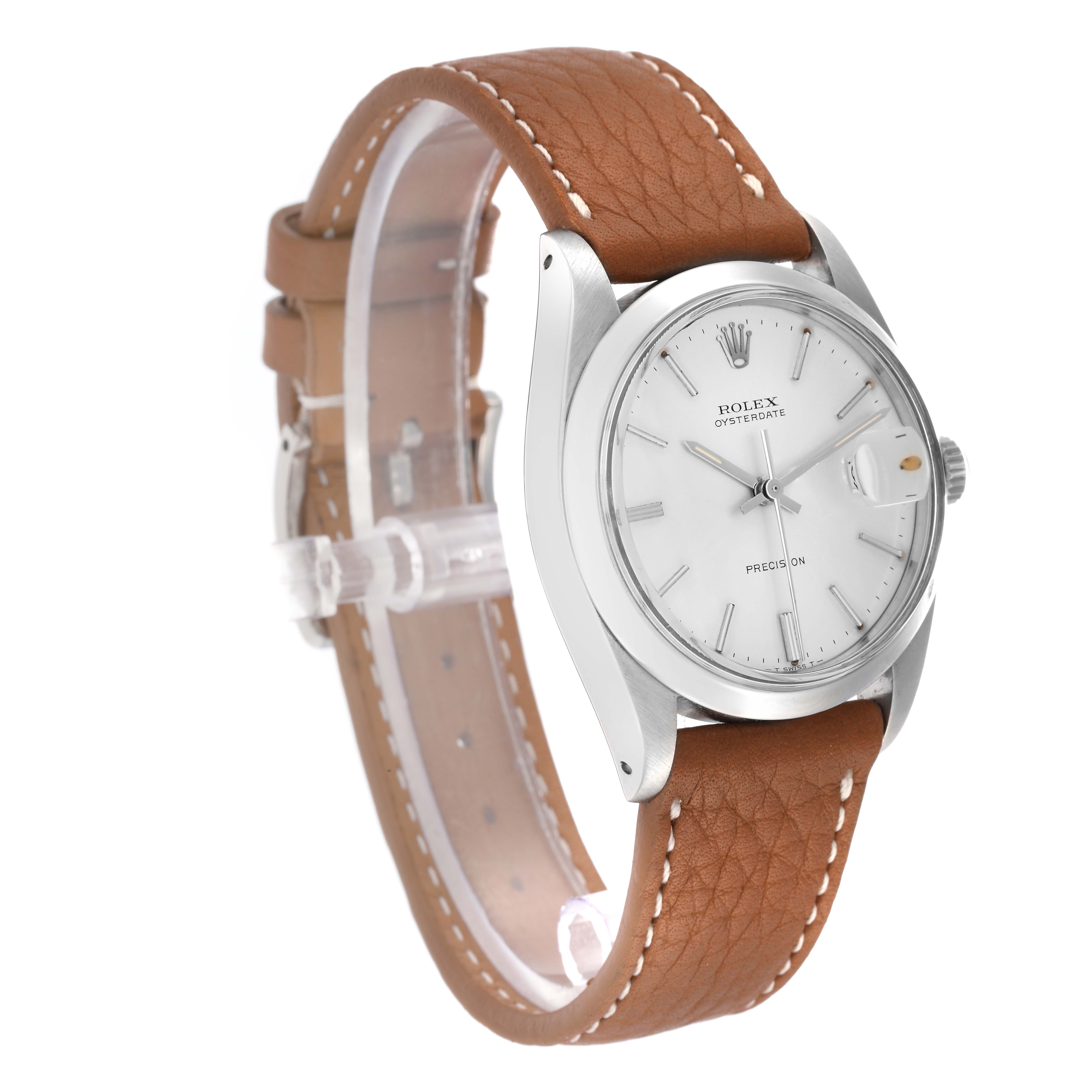 The Rolex Vintage Collection model 6694 men
s watch is shown at a front-side angle, highlighting the dial, case, crown, and brown leather strap.