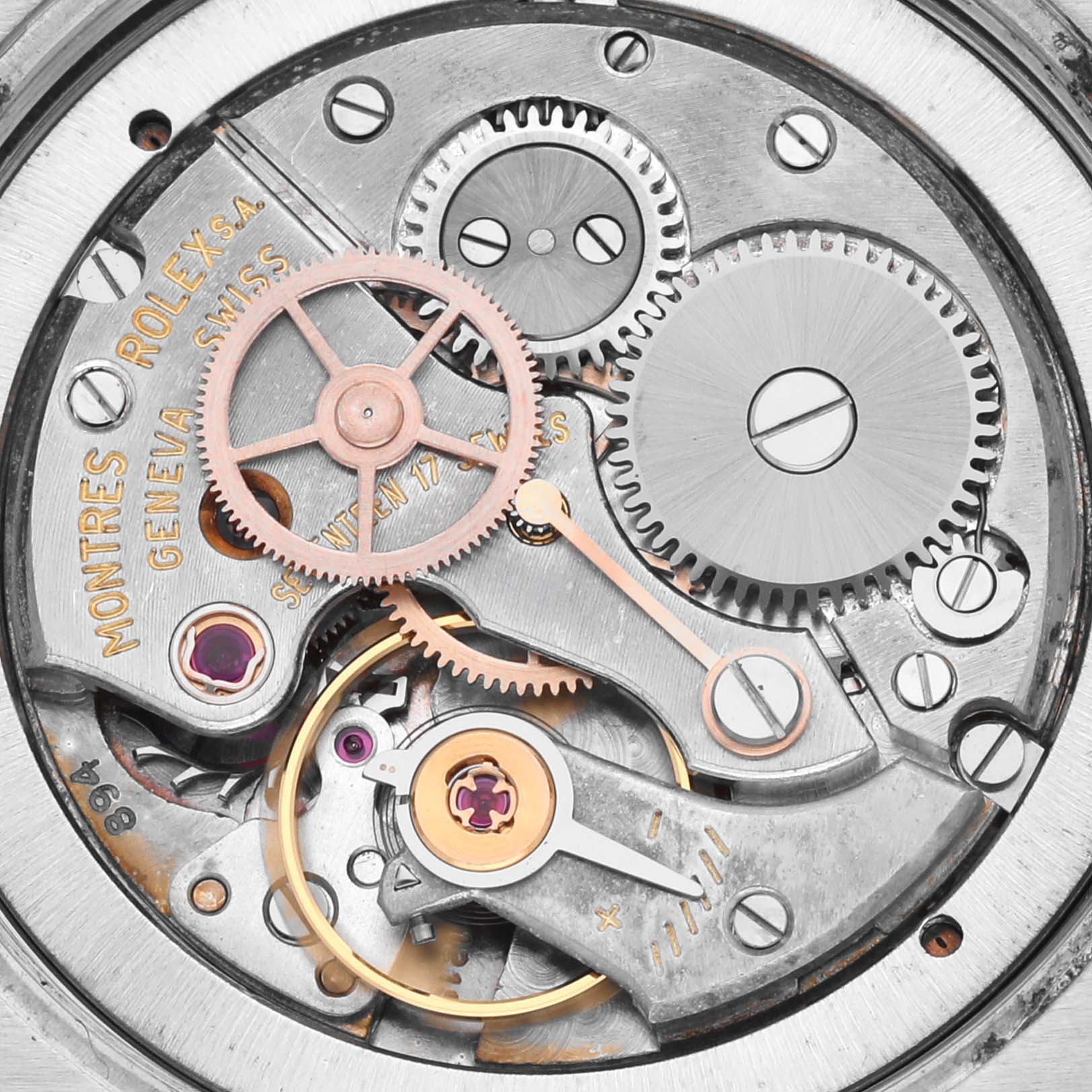 This image shows the intricate internal mechanism and gears of the Vintage Collection model by Rolex.