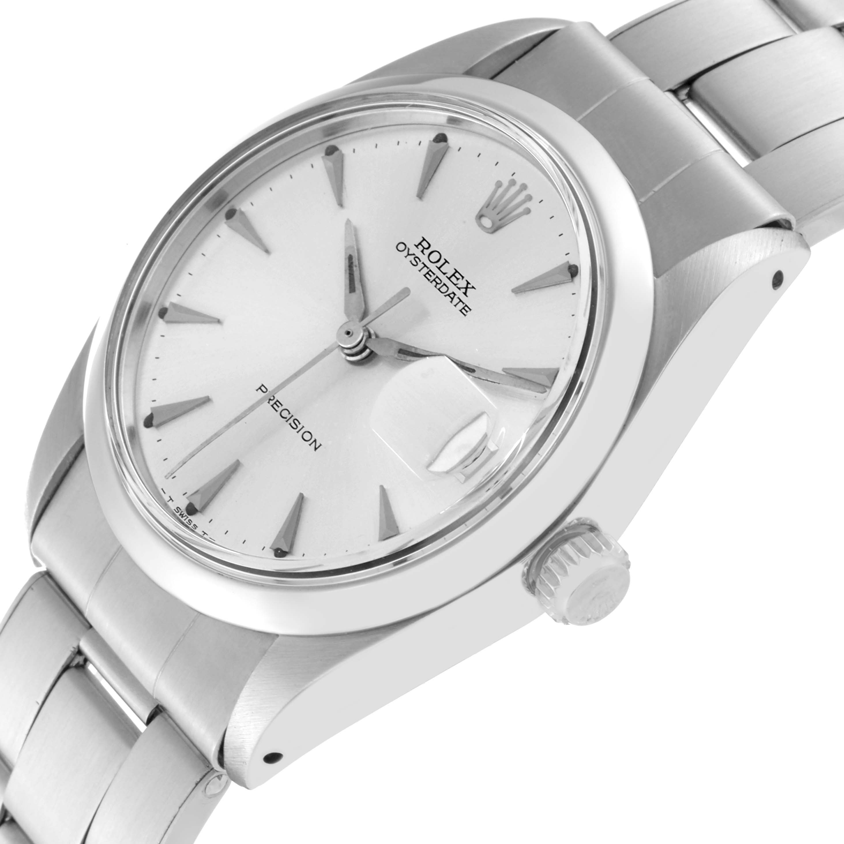 The image shows the front view and side angle of a Rolex Vintage Collection 6694 Men's Stainless Steel Silver Dial 6694 Men's Stainless Steel Silver Dial watch, highlighting its dial, crown, and bracelet.