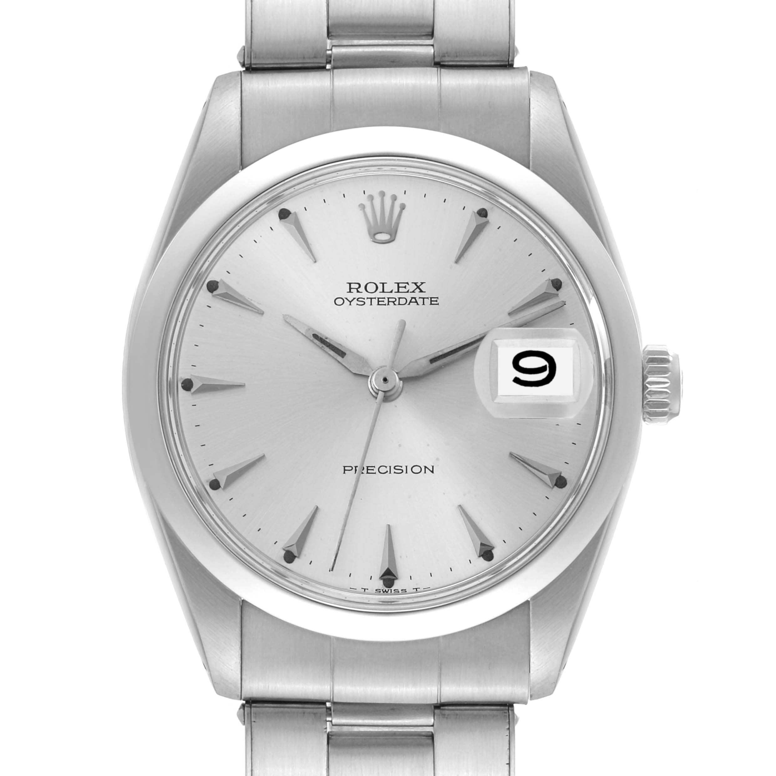 The image shows a front view of the Rolex Vintage Collection 6694 Men's Stainless Steel Silver Dial 6694 Men's Stainless Steel Silver Dial Oysterdate watch, highlighting the dial, hands, date window, and bracelet.