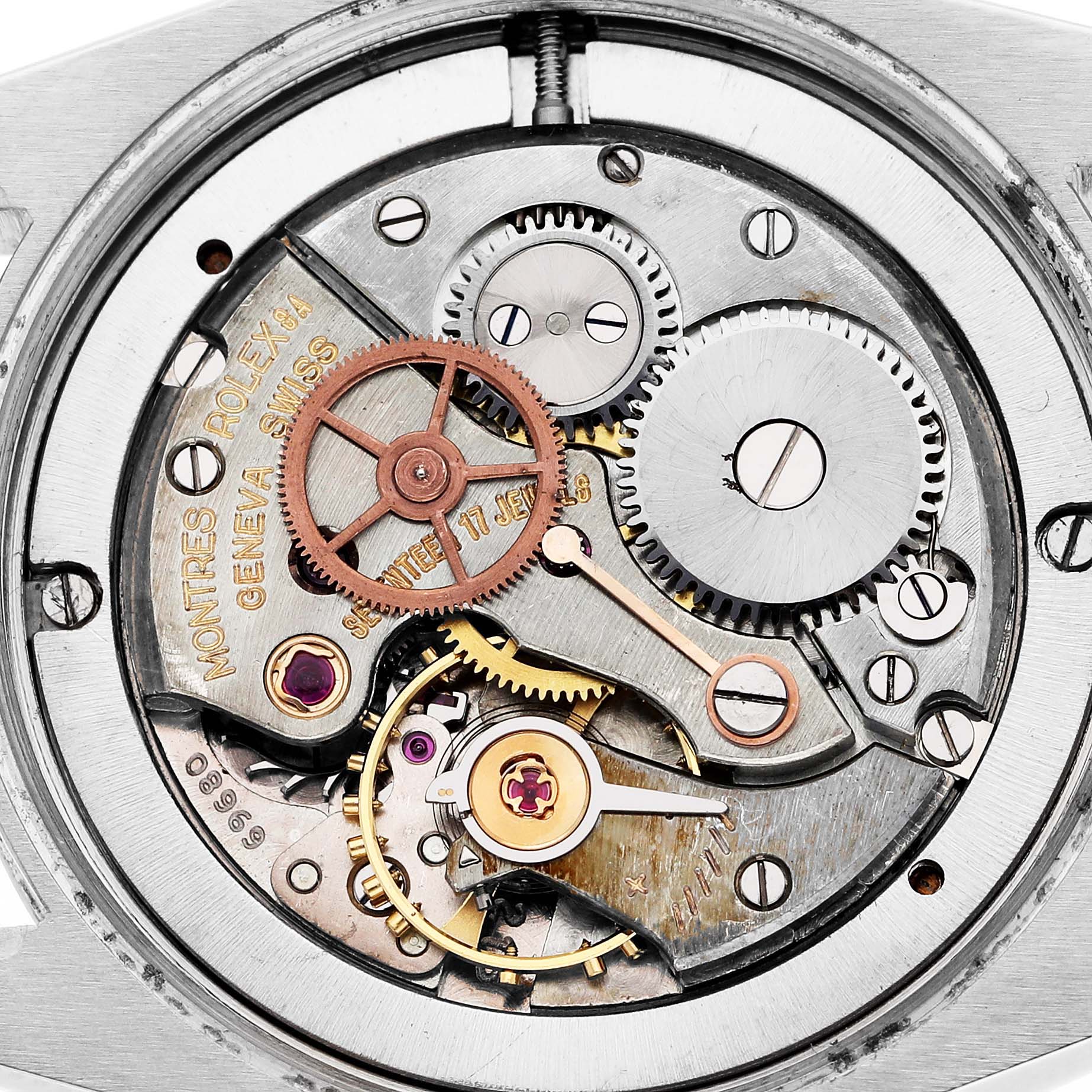 This image shows the internal mechanism of the Rolex Vintage Collection 6694 Men's Stainless Steel Silver Dial 6694 Men's Stainless Steel Silver Dial model watch from a close-up, top-down angle.