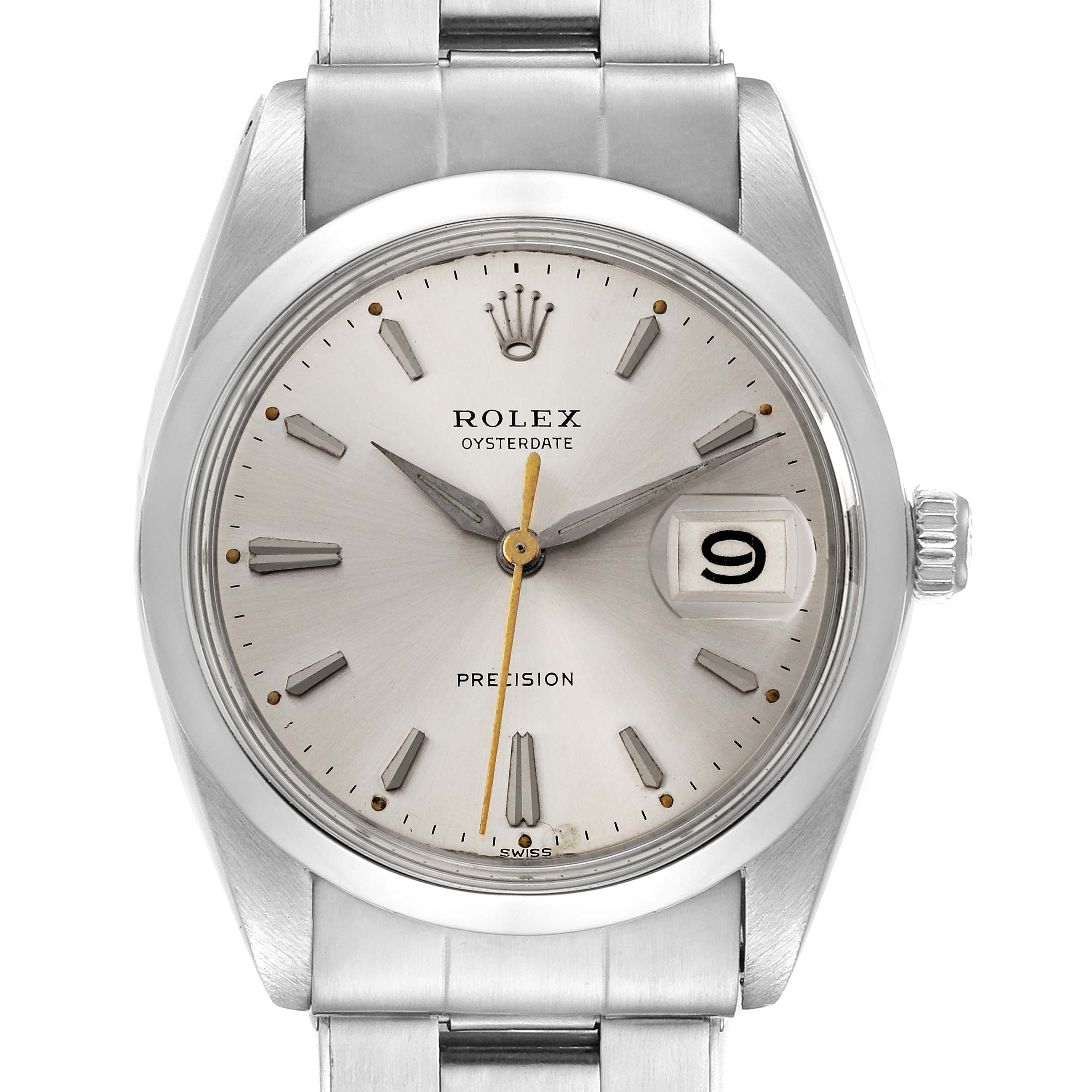 This image shows a front view of a Vintage Collection Rolex Oysterdate Precision watch, highlighting its face, bezel, and bracelet.