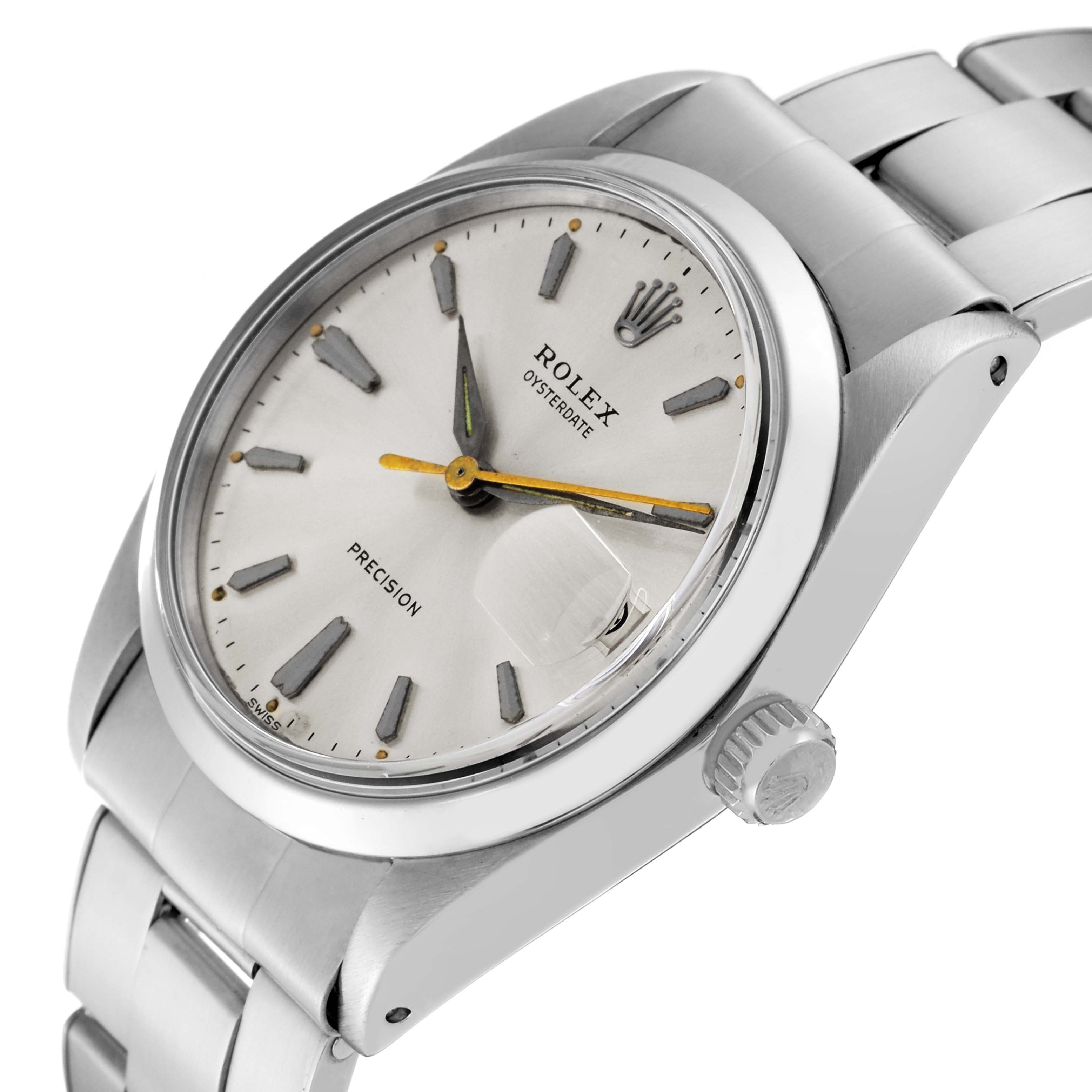 The Rolex Vintage Collection 6694 Men's Stainless Steel Silver Dial 6694 Men's Stainless Steel Silver Dial model watch is shown at an angled side view, highlighting the face, crown, and part of the bracelet.