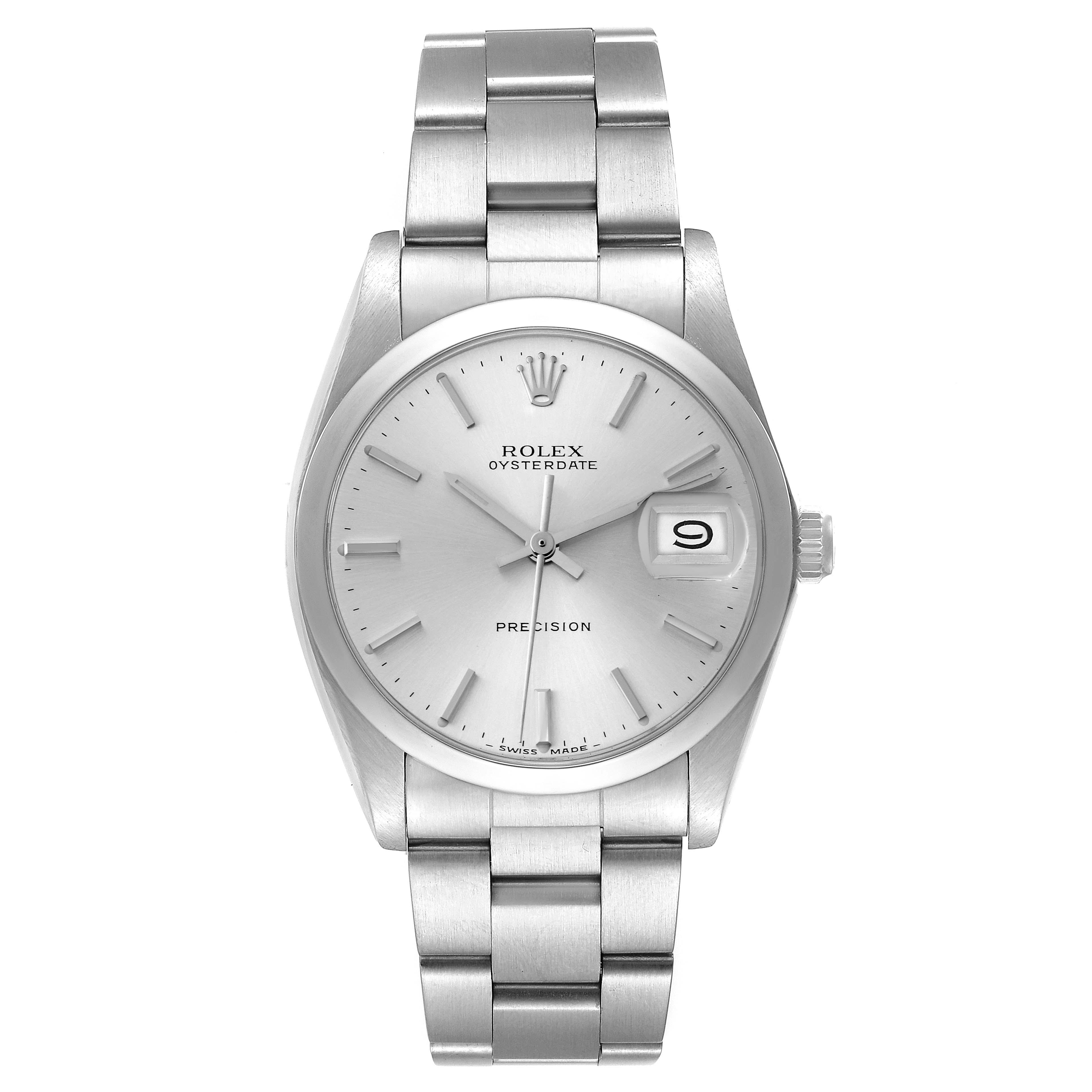 The image shows a front view of a Rolex Vintage Collection 6694 Men's Stainless Steel Silver Dial 6694 Men's Stainless Steel Silver Dial Oysterdate Precision watch, displaying the dial, hour markers, hands, and bracelet.
