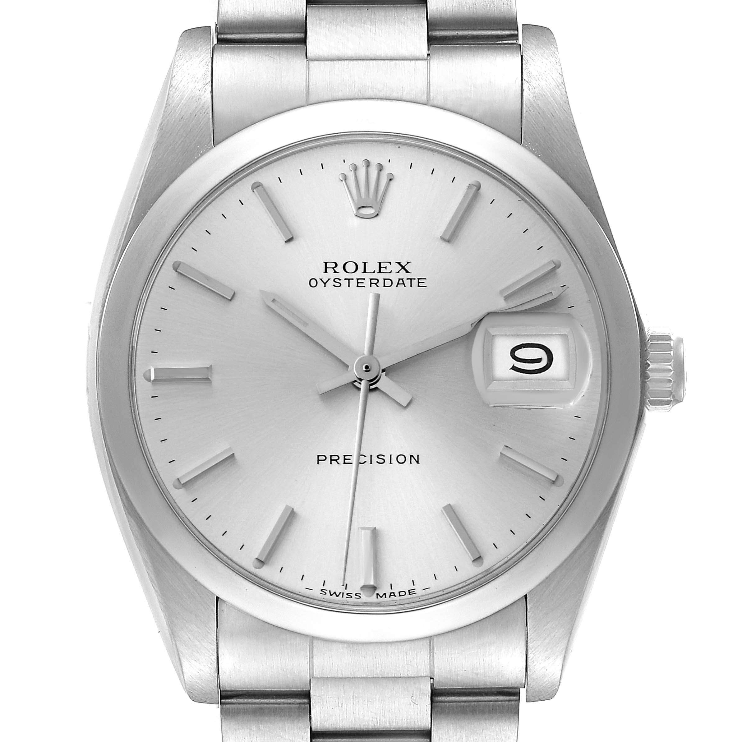 This is a front view of the Rolex Vintage Collection 6694 Men's Stainless Steel Silver Dial 6694 Men's Stainless Steel Silver Dial Oysterdate watch, showing the dial, hands, crown, and bracelet links.