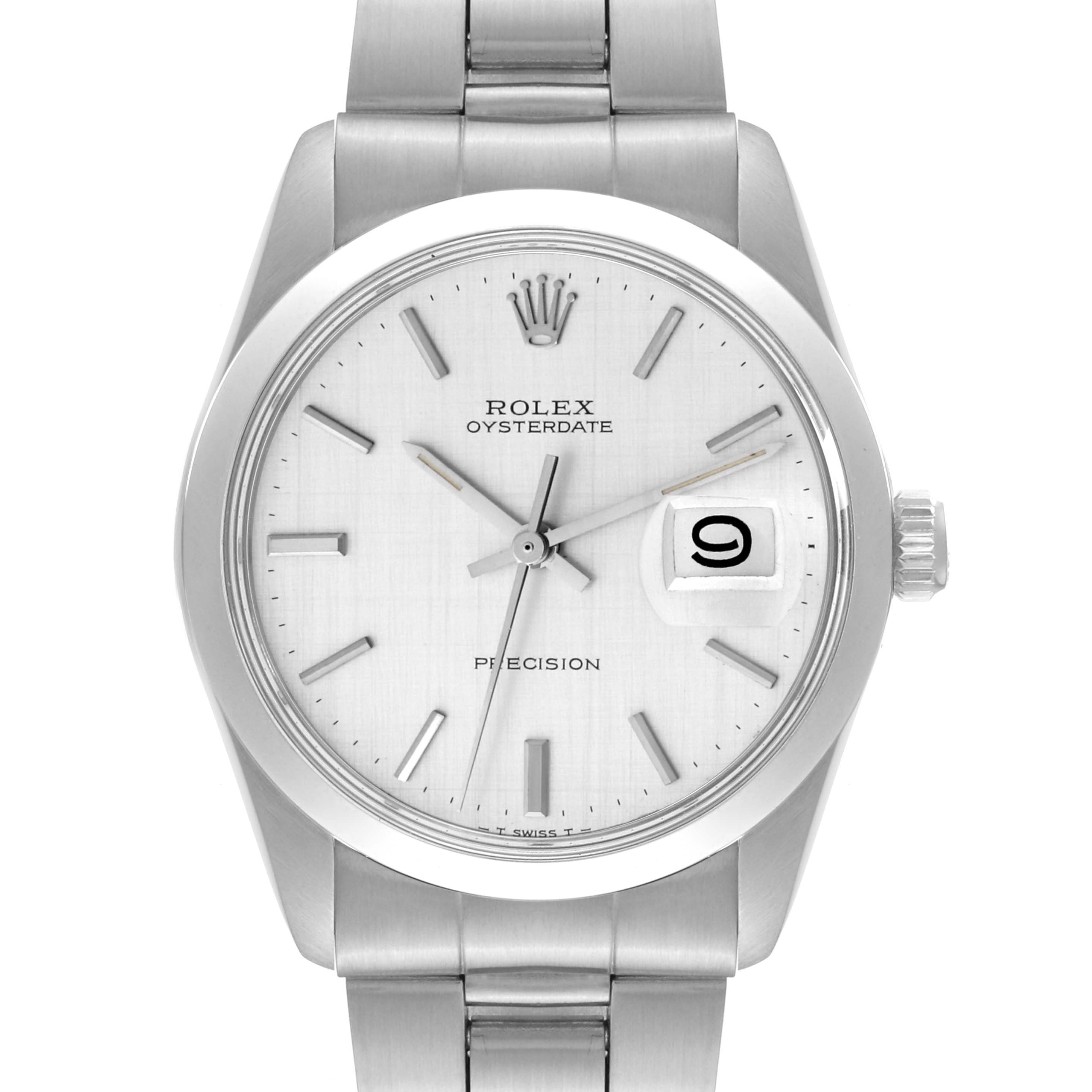 This image shows a frontal view of the Rolex Vintage Collection 6694 Men's Stainless Steel Silver Dial 6694 Men's Stainless Steel Silver Dial Oysterdate watch, including the face, bezel, crown, and part of the bracelet.