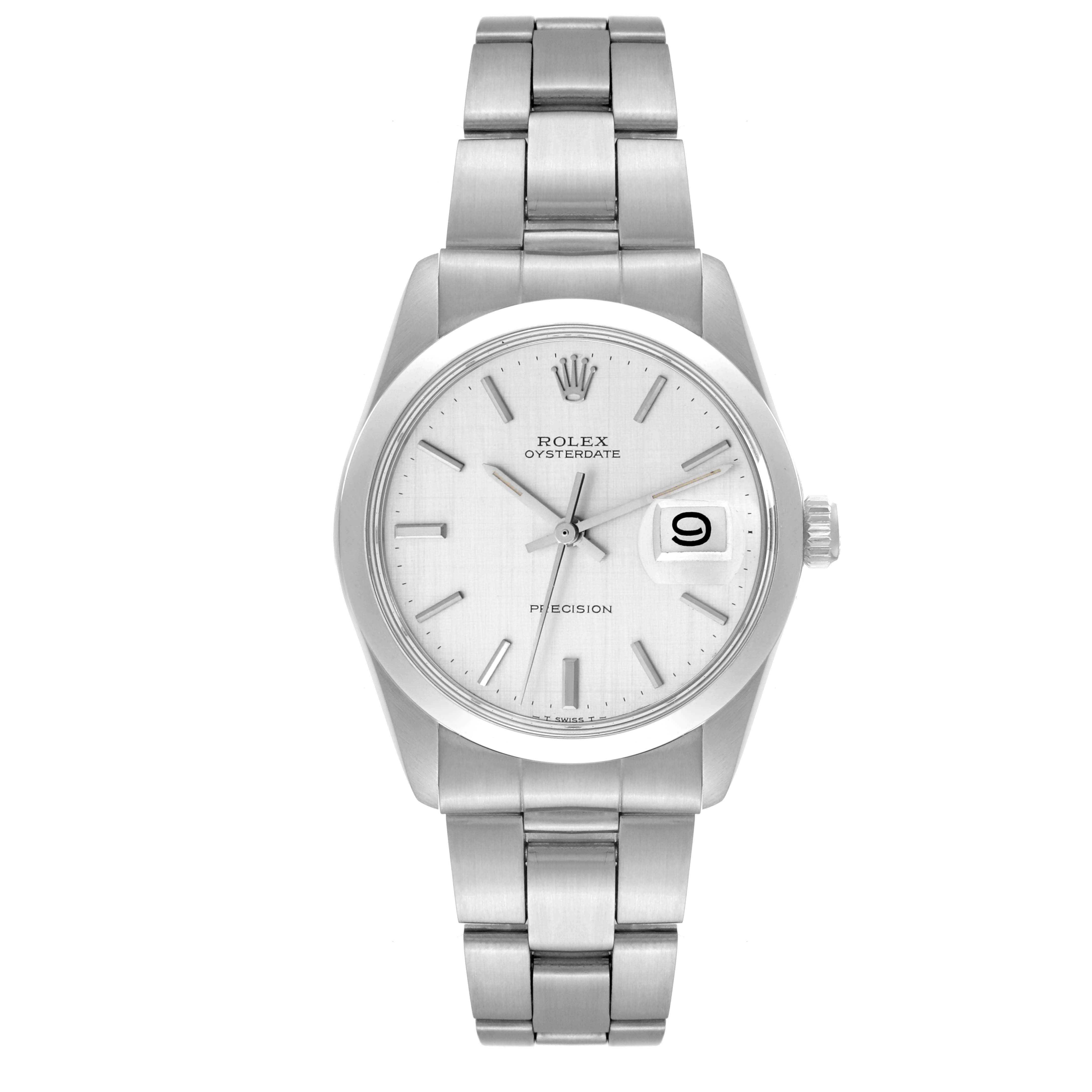 This image shows a front view of the Rolex Vintage Collection 6694 Men's Stainless Steel Silver Dial 6694 Men's Stainless Steel Silver Dial 'Oysterdate Precision' watch, highlighting the dial, bracelet, and date feature.