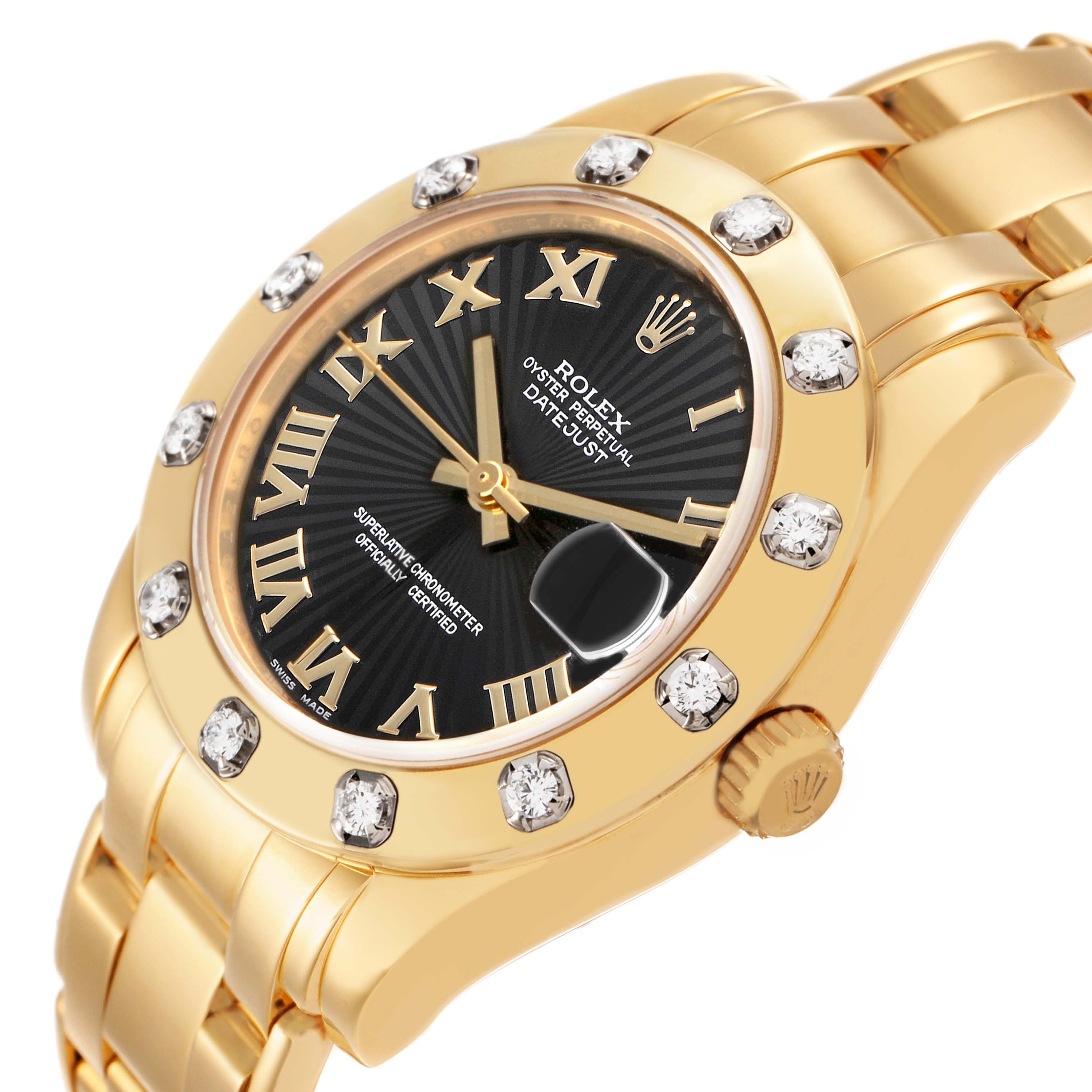 The Rolex Pearlmaster 81318 Women's Yellow Gold Black Dial watch is shown at a three-quarter angle, highlighting the face, bezel, and part of the bracelet.