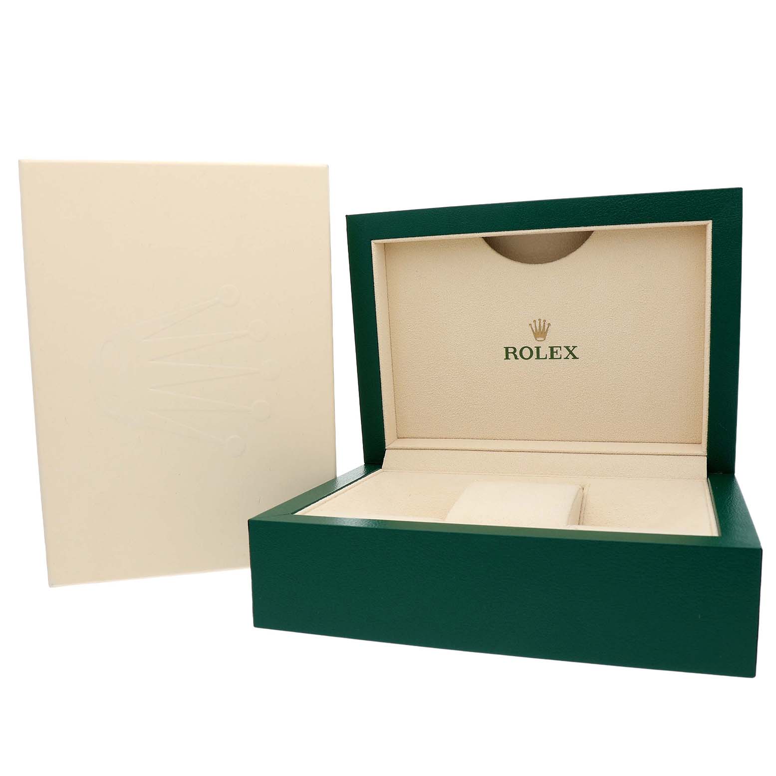 The image shows an open Rolex Pearlmaster 81318 Women's Yellow Gold Black Dial watch box at a slight angle, revealing the interior cushion and compartments.