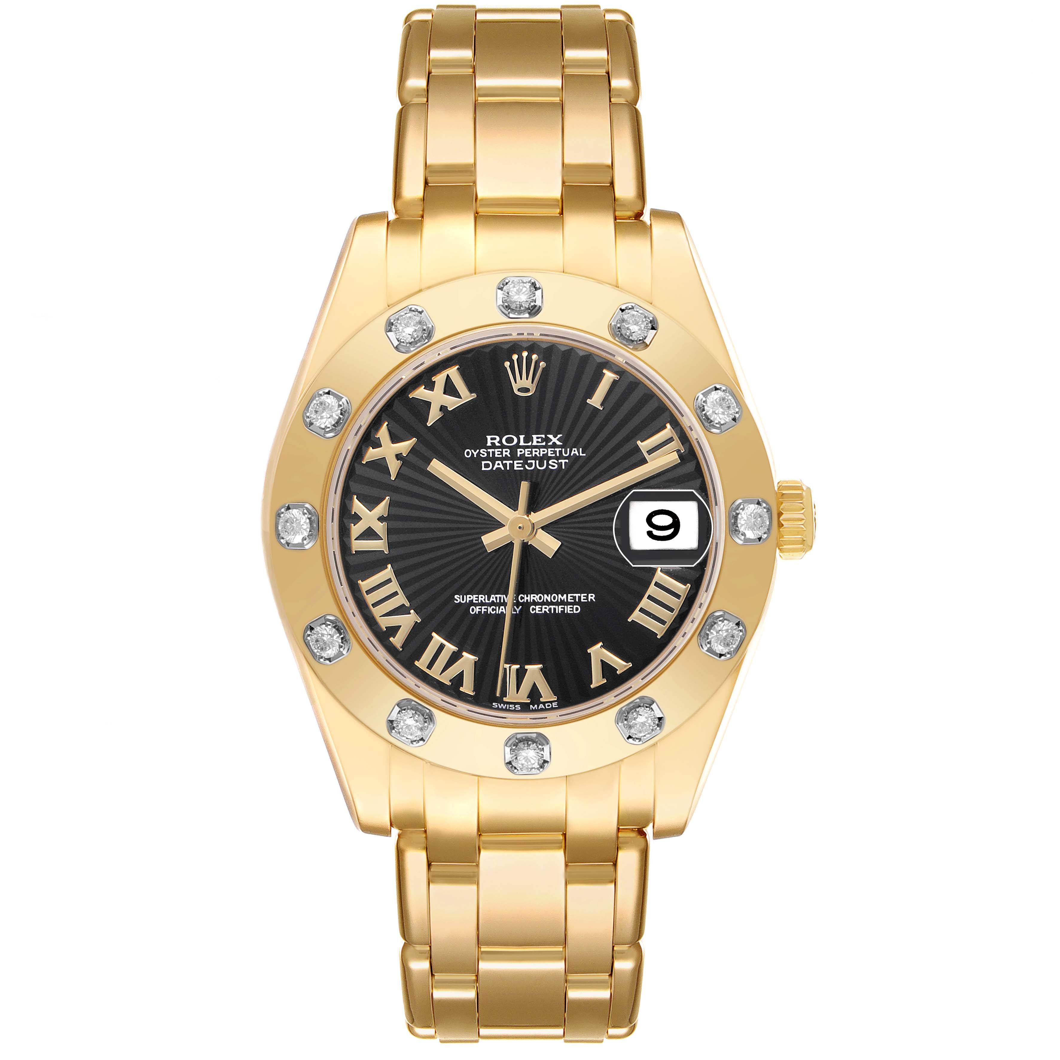 The Rolex Pearlmaster 81318 Women's Yellow Gold Black Dial watch is shown from the front, displaying the gold bracelet, diamond bezel, and black dial with Roman numerals.
