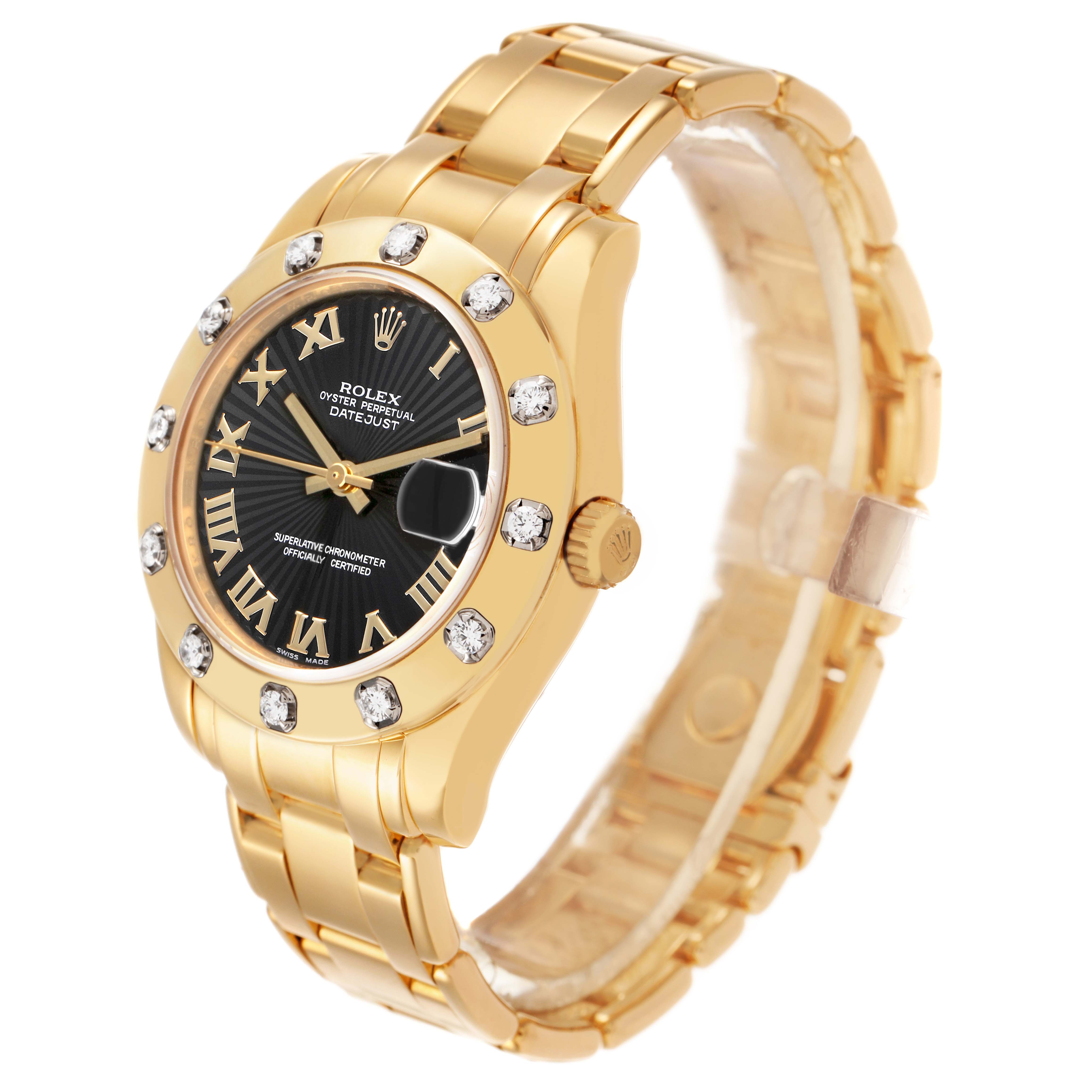 The Rolex Pearlmaster 81318 Women's Yellow Gold Black Dial watch is shown at a slight angle, displaying the face, bracelet, and side crown.