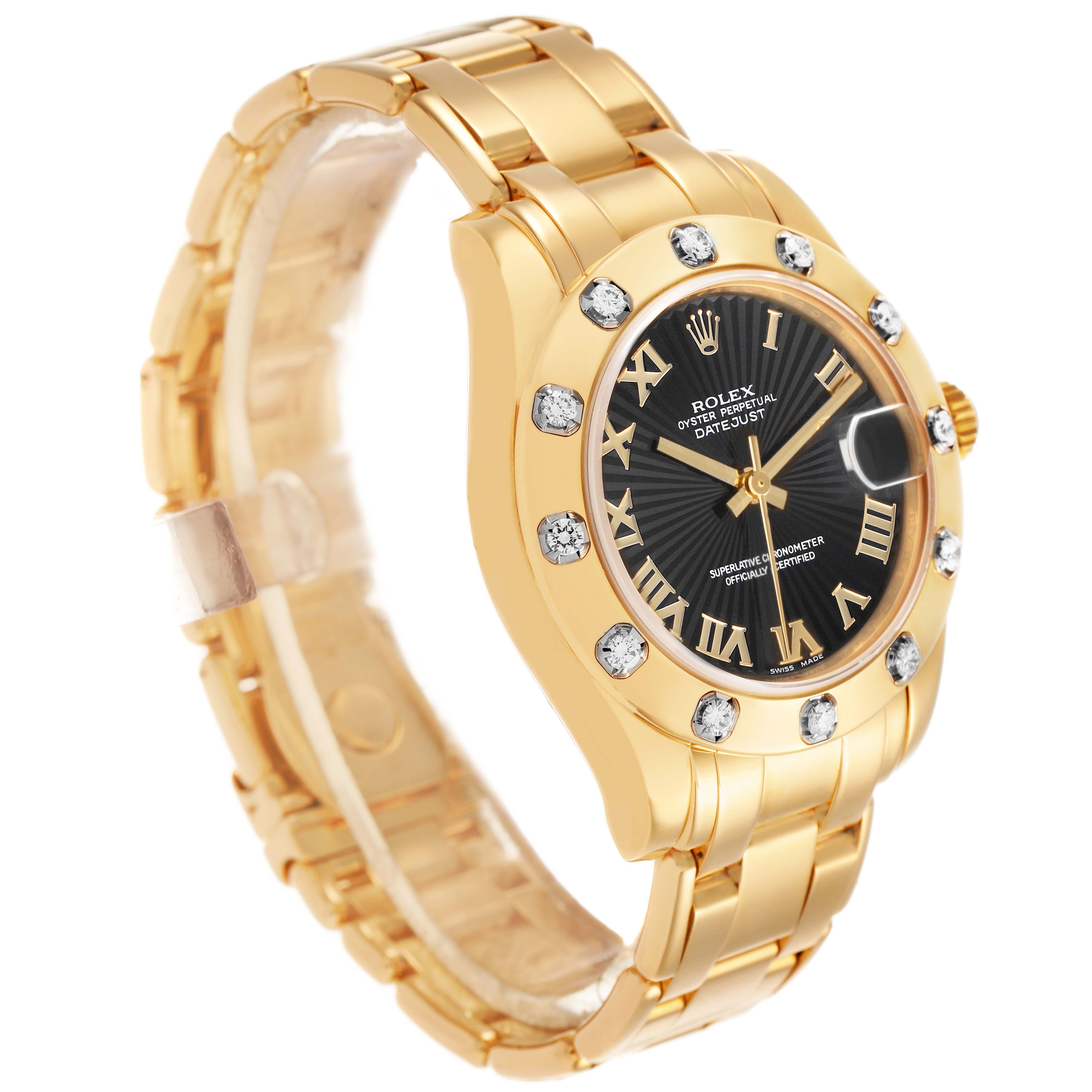 The Rolex Pearlmaster 81318 Women's Yellow Gold Black Dial watch is shown at a three-quarter angle, highlighting its gold bracelet, black dial, diamond bezel, and Roman numeral markers.