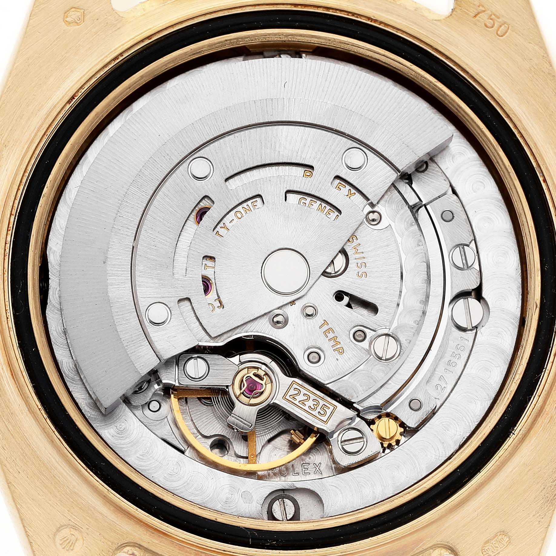 The image shows the inner mechanism of a Rolex Pearlmaster 81318 Women's Yellow Gold Black Dial watch from a top-down angle.