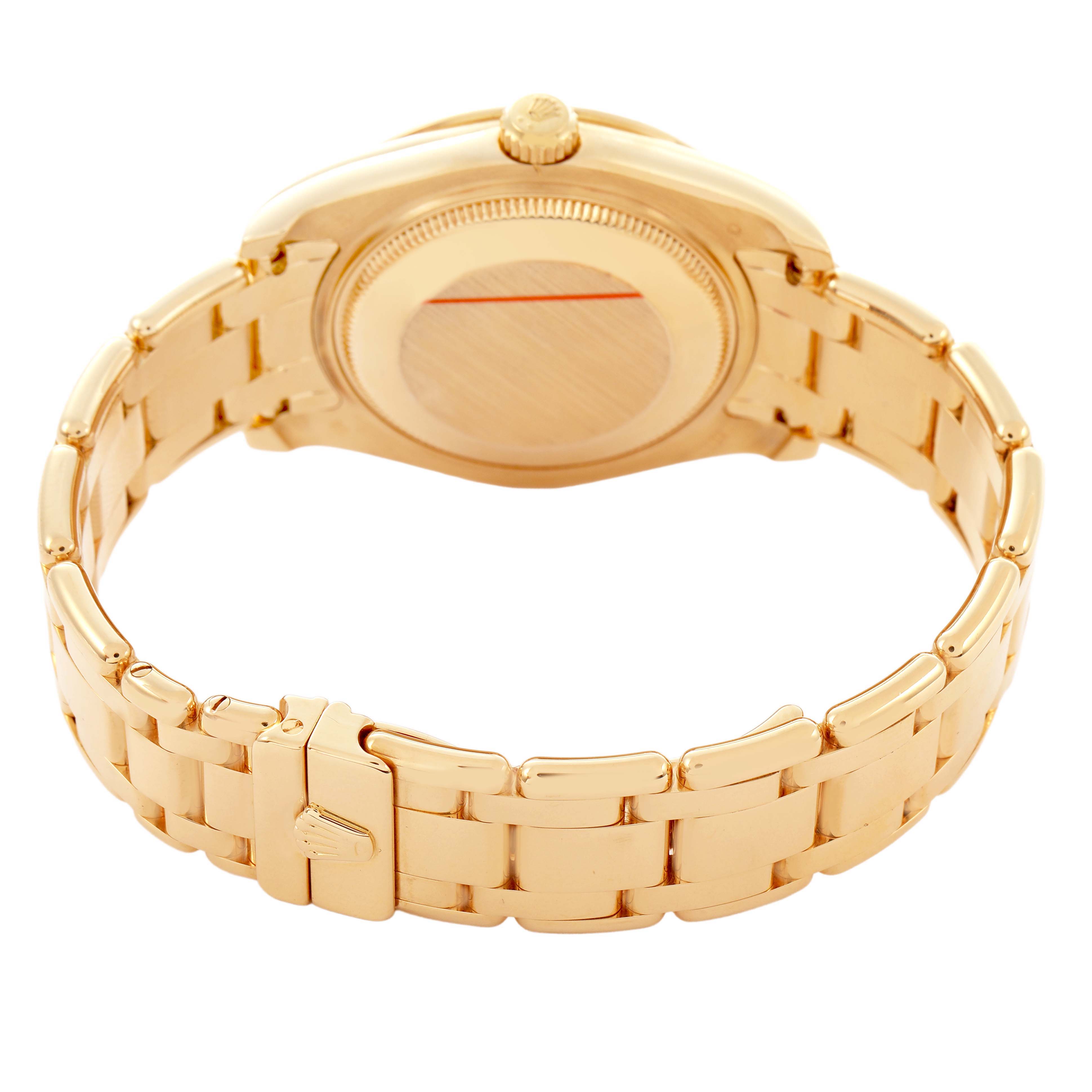 The Rolex Pearlmaster 81318 Women's Yellow Gold Black Dial watch is shown from the back, highlighting its case back and gold bracelet.