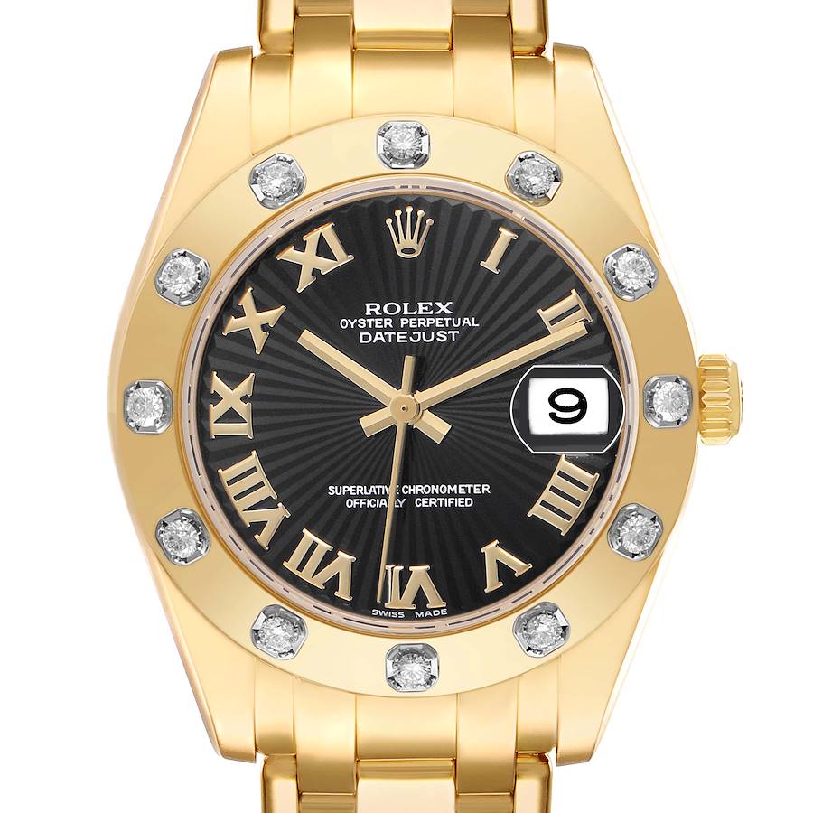 The Rolex Pearlmaster 81318 Women's Yellow Gold Black Dial watch is shown from a frontal angle, highlighting the bezel, dial, hands, and date window.