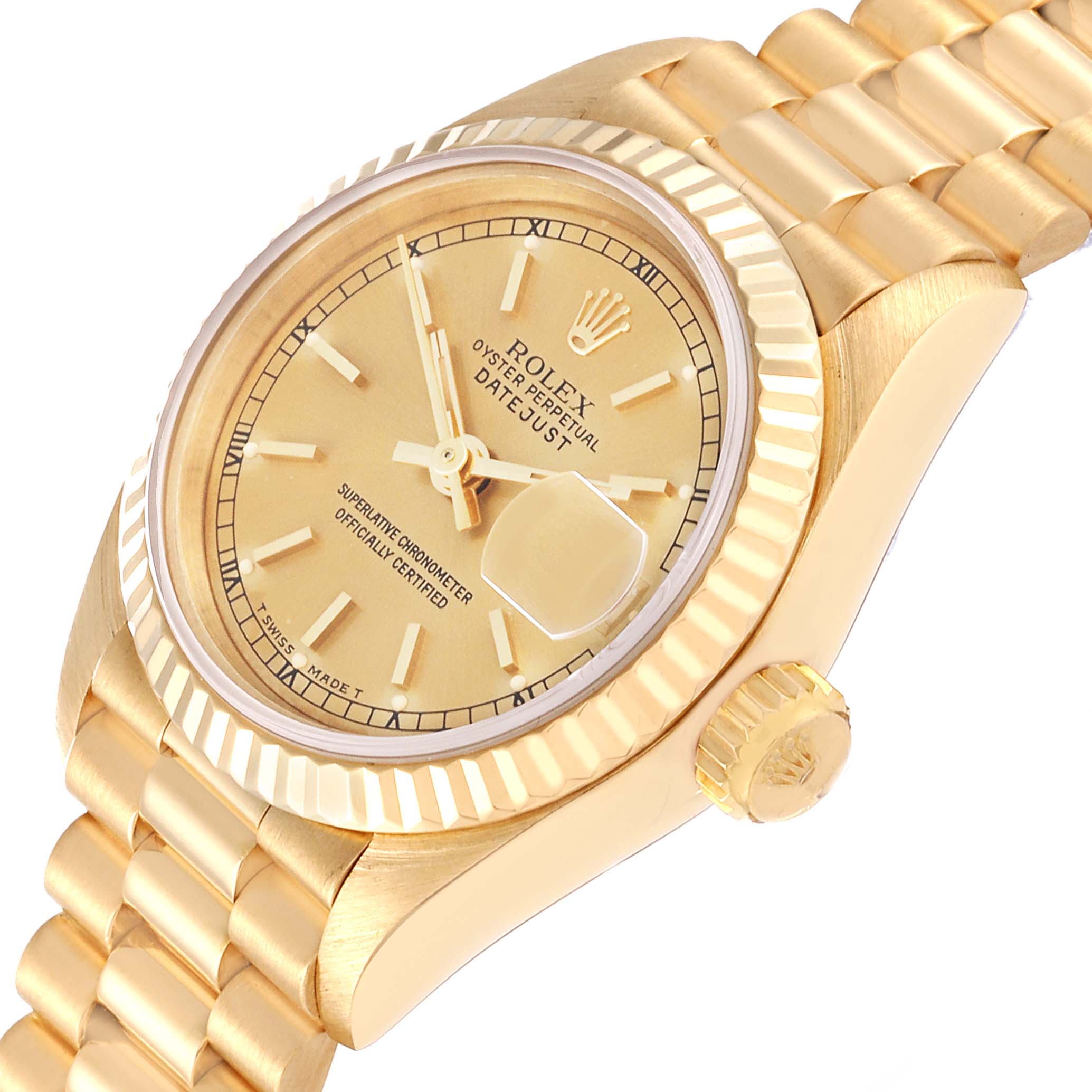 The Rolex Datejust model 69178 is shown at an angle highlighting the dial, crown, fluted bezel, and part of the bracelet.