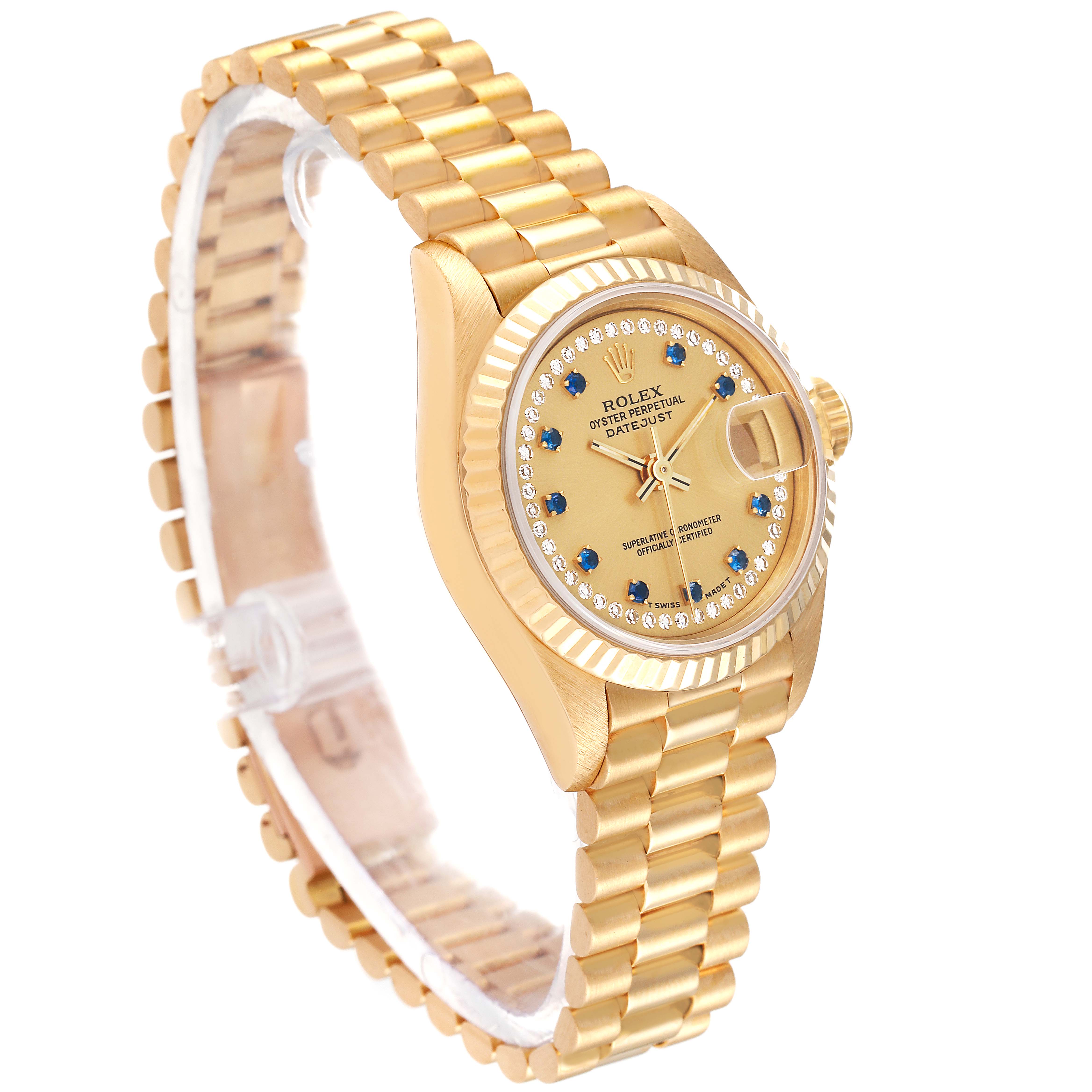 The image shows a Rolex President 69178 Women
s Yellow Gold Champagne Dial 69178 Women
s Yellow Gold Champagne Dial model watch at an angle displaying the face, bezel, crown, and bracelet.
