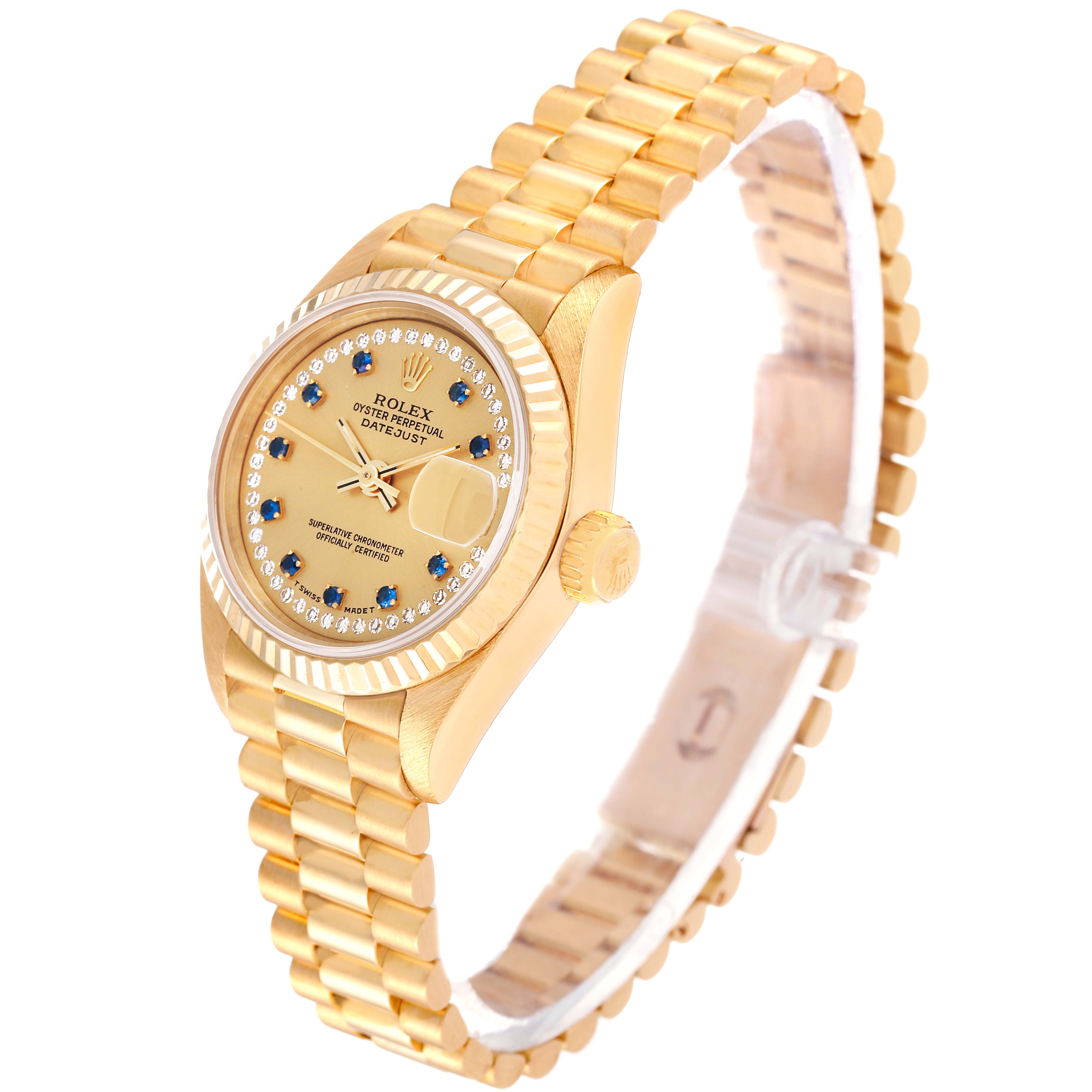 The Rolex President 69178 Women
s Yellow Gold Champagne Dial 69178 Women
s Yellow Gold Champagne Dial model watch is shown at a slight angle, highlighting the dial, crown, and bracelet.