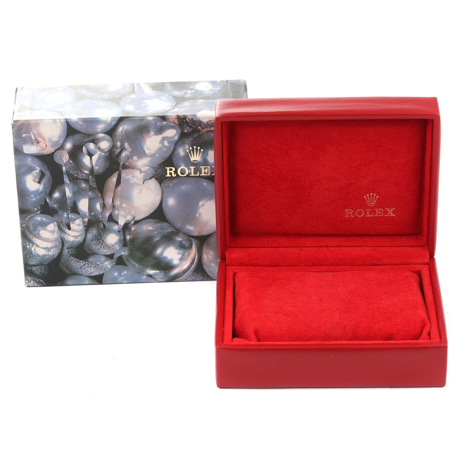 The image shows a Rolex President 69178 Women
s Yellow Gold Champagne Dial 69178 Women
s Yellow Gold Champagne Dial model watch box, featuring an open red interior and a decorated outer box.