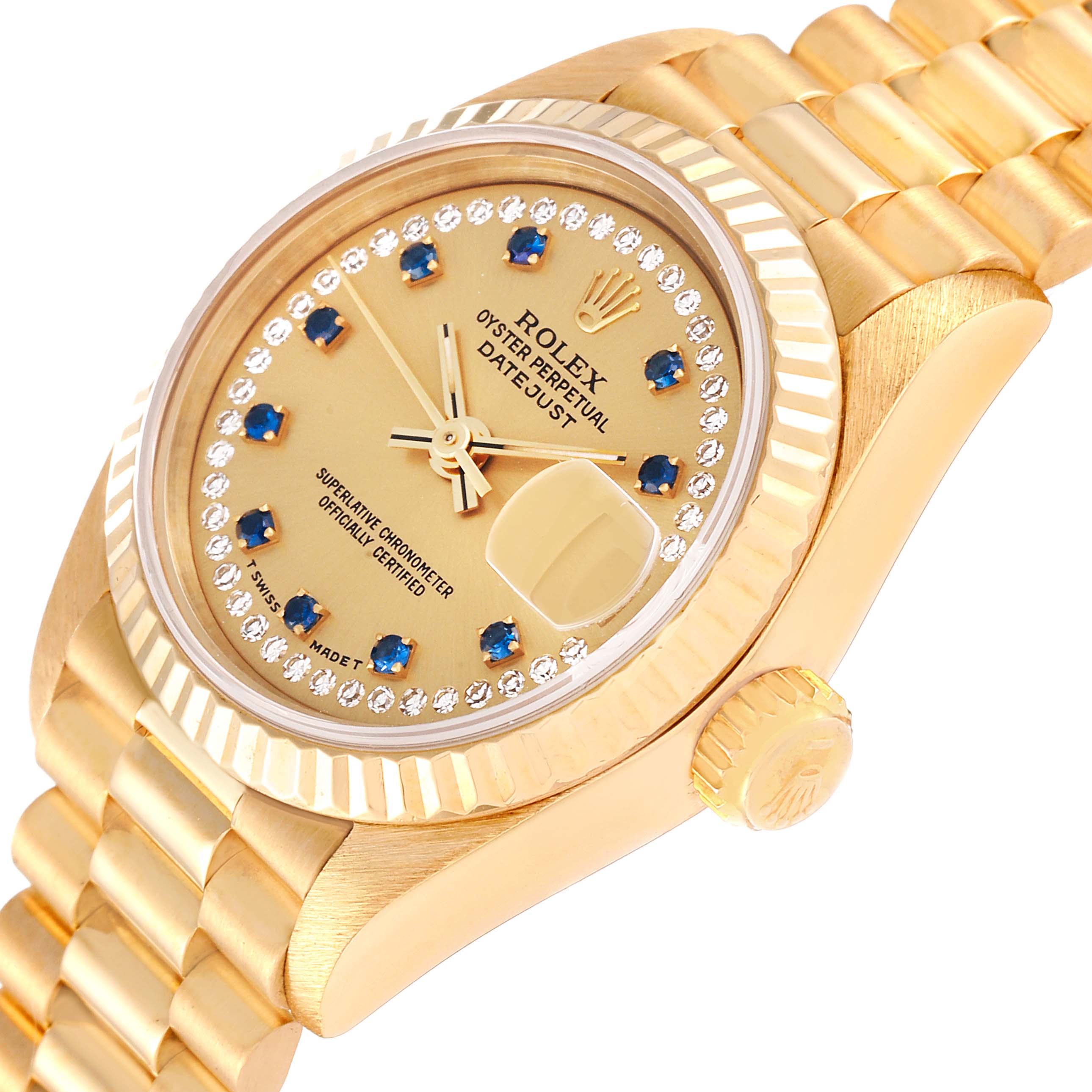 The image shows a close-up angle of the Rolex President 69178 Women
s Yellow Gold Champagne Dial 69178 Women
s Yellow Gold Champagne Dial Datejust, highlighting its dial, bezel, and part of the bracelet.
