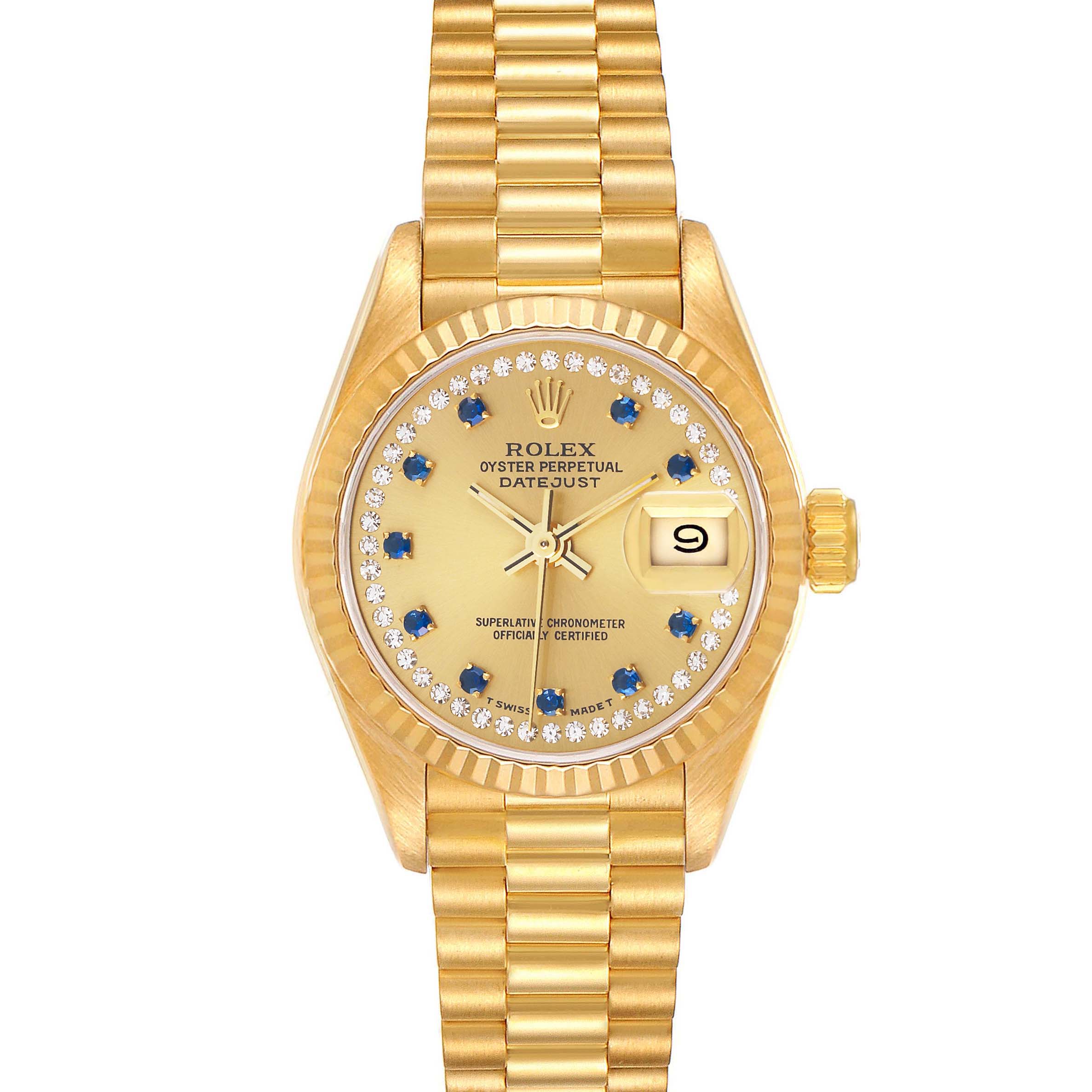 The image shows a Rolex President 69178 Women
s Yellow Gold Champagne Dial 69178 Women
s Yellow Gold Champagne Dial model watch from the front, displaying its gold case, dial, bracelet, and date feature.