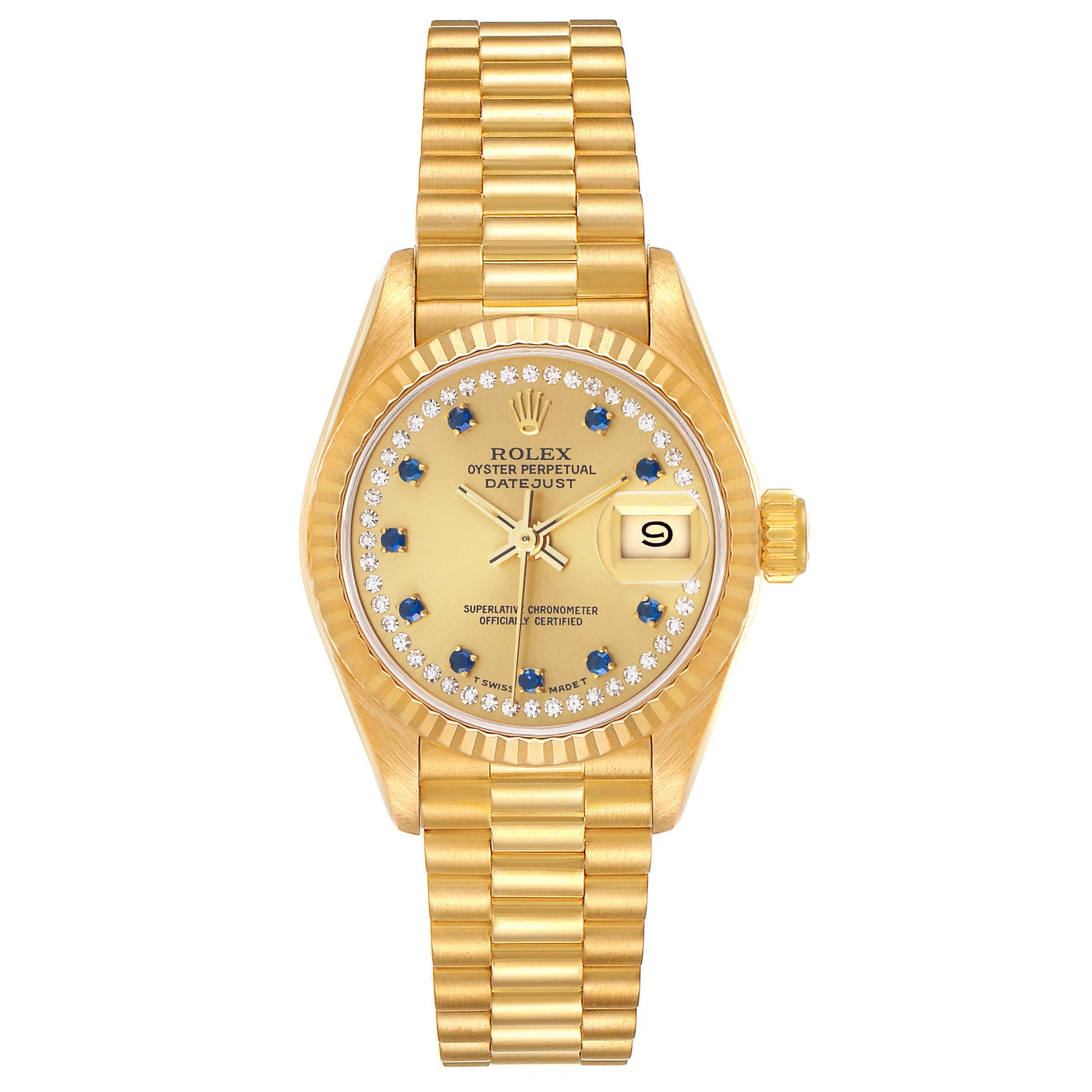 The image shows a front view of a Rolex President 69178 Women
s Yellow Gold Champagne Dial 69178 Women
s Yellow Gold Champagne Dial model watch, highlighting the dial, bezel, and bracelet.