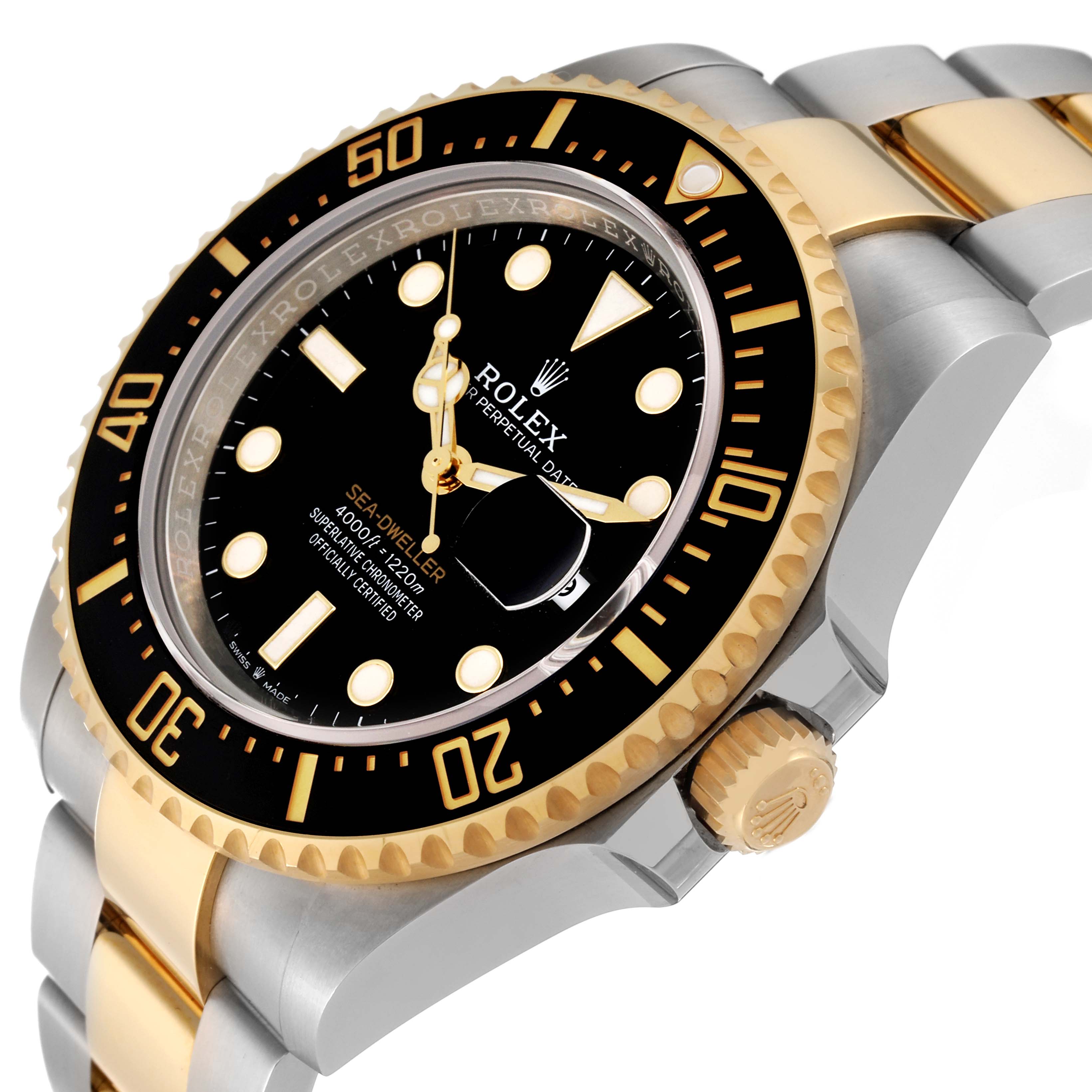 The image shows a close-up angled view of the Rolex Sea-Dweller 126603 Men's Steel and Gold (two tone) Black Dial 126603 Men's Steel and Gold (two tone) Black Dial watch highlighting the bezel, dial, crown, and bracelet.