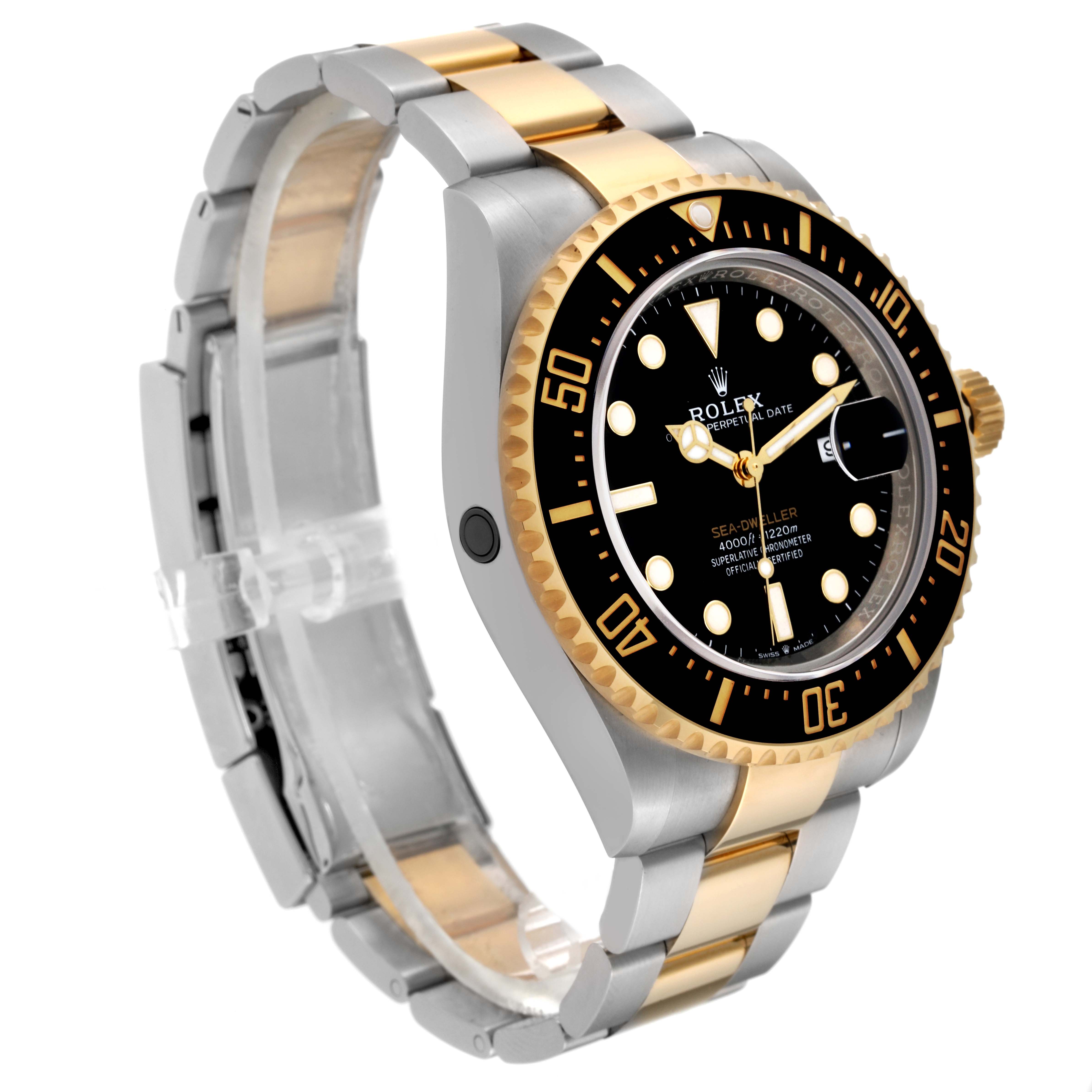 The image shows a side-front angle of the Rolex Sea-Dweller 126603 Men's Steel and Gold (two tone) Black Dial 126603 Men's Steel and Gold (two tone) Black Dial watch, highlighting its gold and silver bracelet and black bezel.