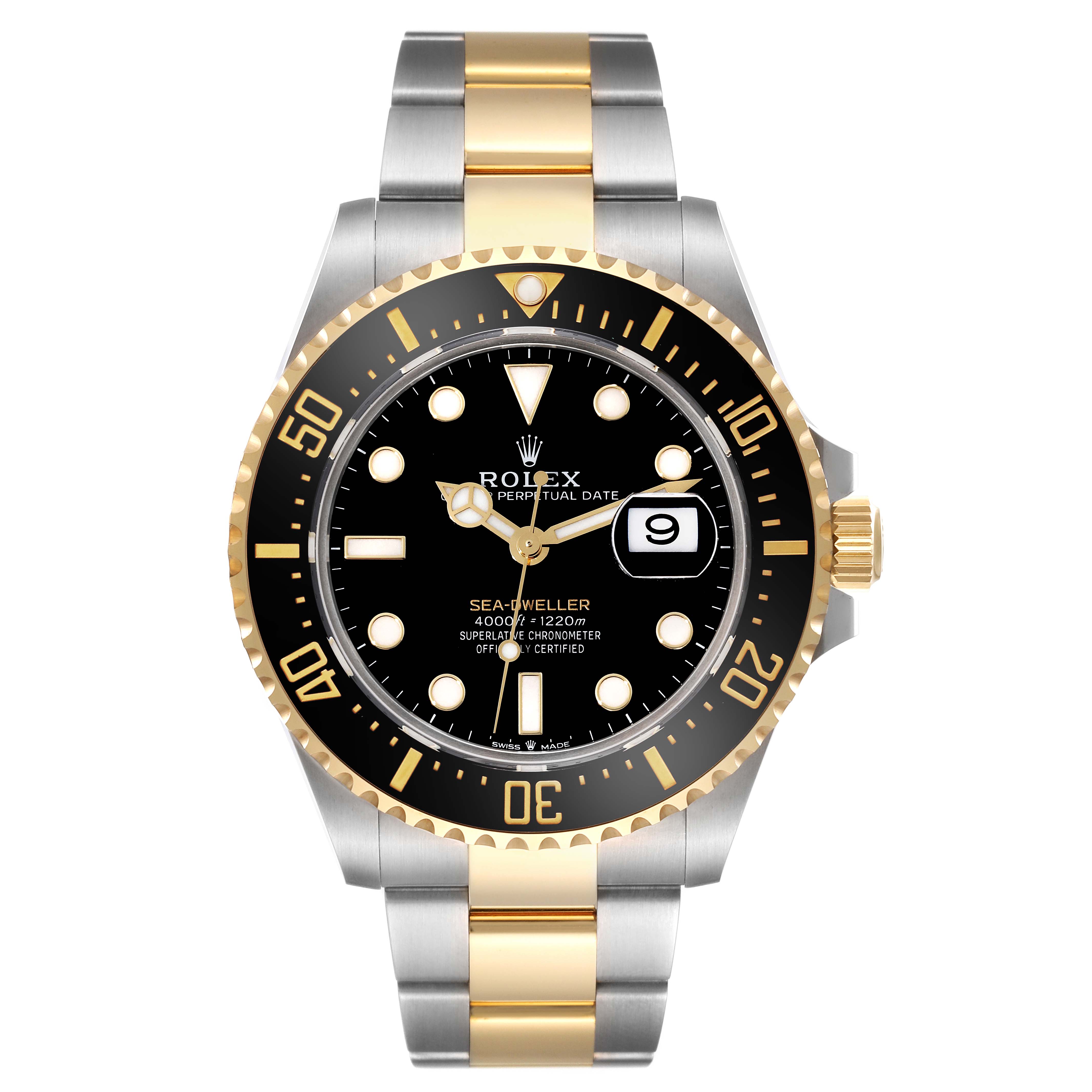 The Rolex Sea-Dweller 126603 Men's Steel and Gold (two tone) Black Dial 126603 Men's Steel and Gold (two tone) Black Dial watch is shown from a front angle, highlighting its black dial, date display, and two-tone bracelet.