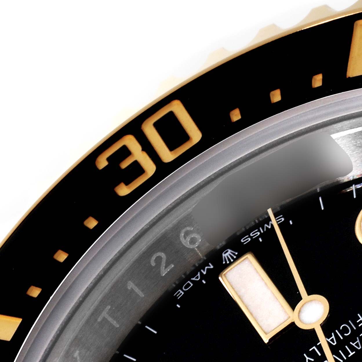 This close-up shows the bezel and part of the dial of a Rolex Sea-Dweller 126603 Men's Steel and Gold (two tone) Black Dial 126603 Men's Steel and Gold (two tone) Black Dial watch, highlighting the '30' marker.