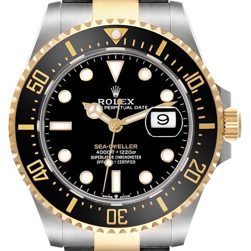 The image shows a front view of the Rolex Sea-Dweller watch, highlighting the bezel, dial, and date window.