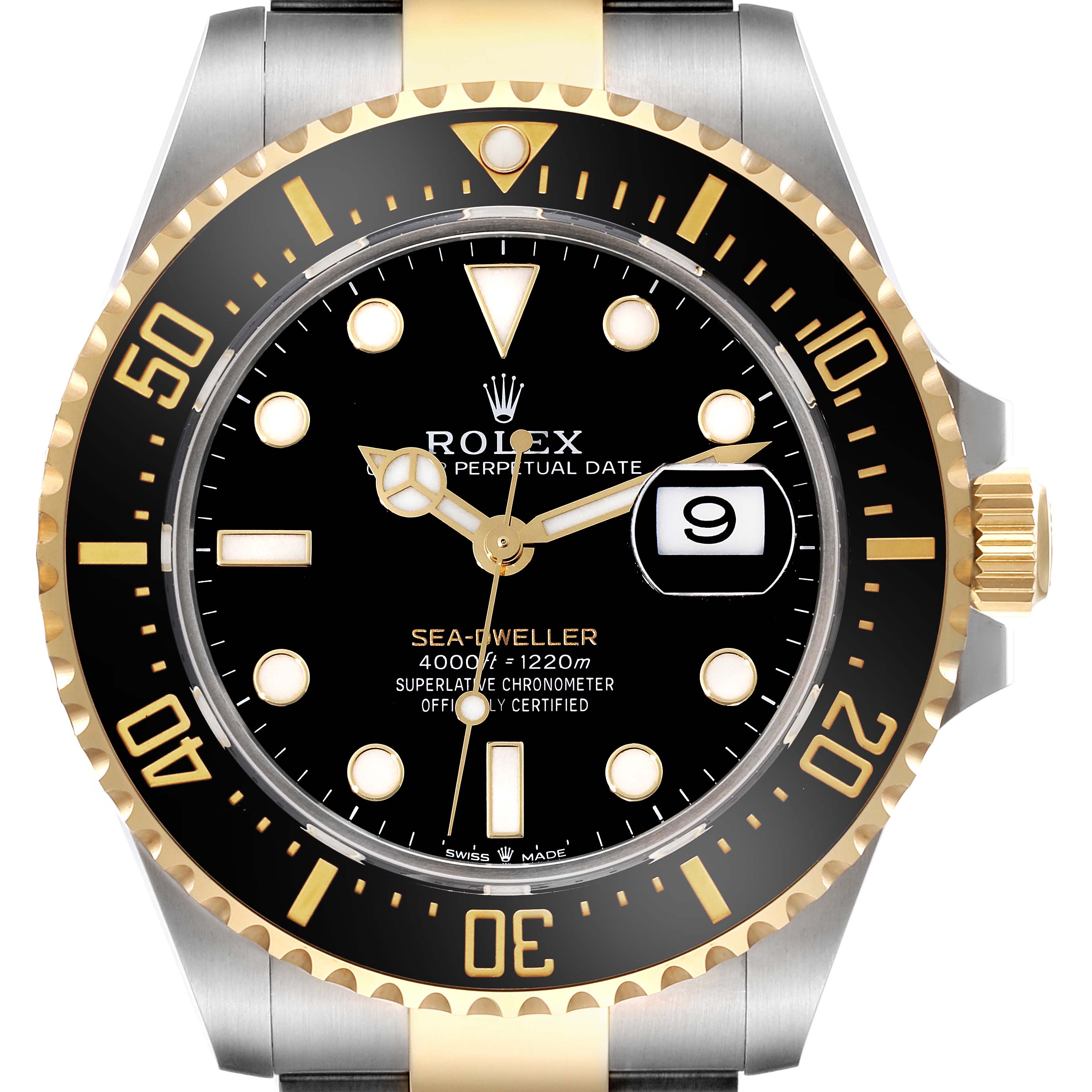 This image shows a front view of a Rolex Sea-Dweller 126603 Men's Steel and Gold (two tone) Black Dial 126603 Men's Steel and Gold (two tone) Black Dial watch, highlighting the bezel, dial, hands, and date window.