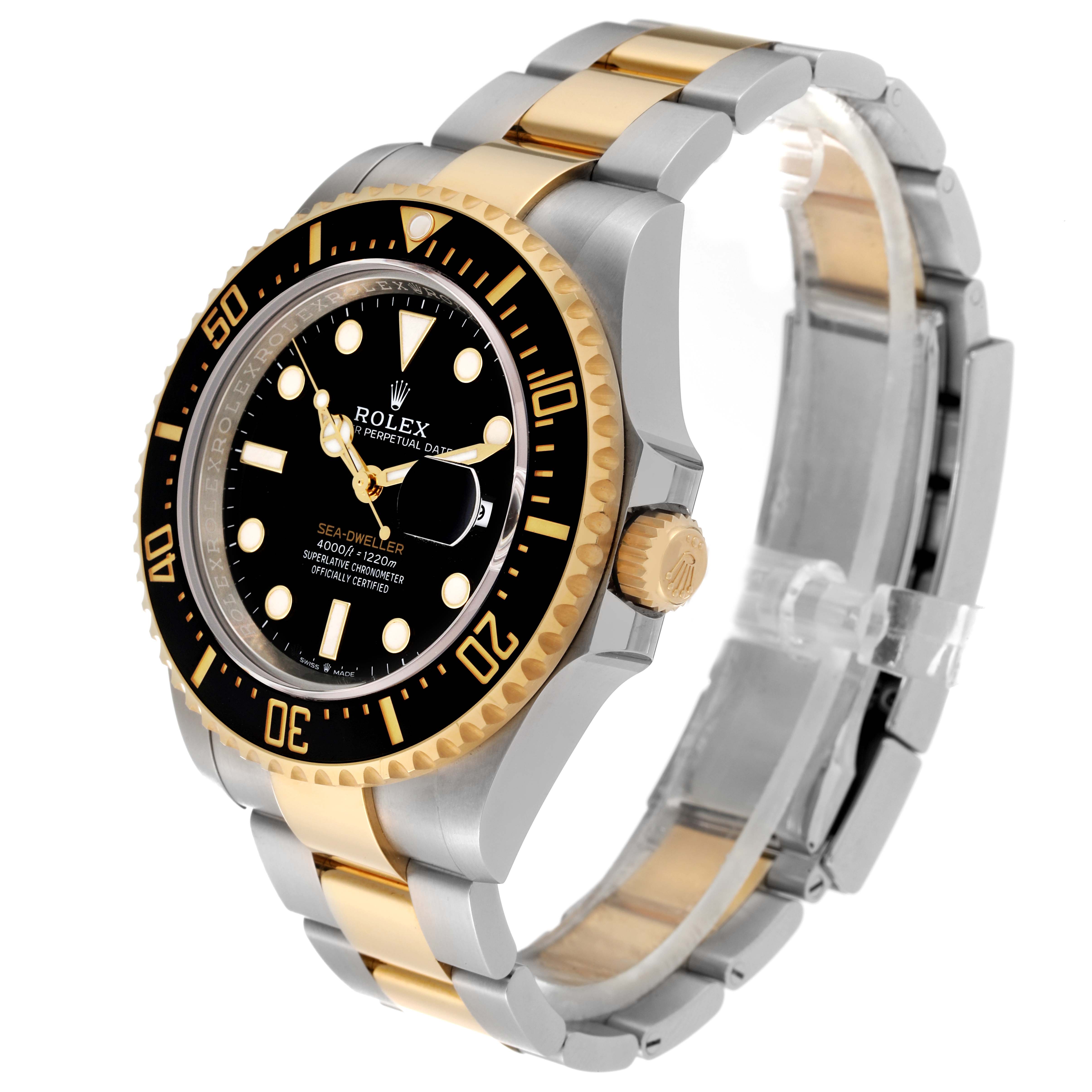 This image shows a Rolex Sea-Dweller 126603 Men's Steel and Gold (two tone) Black Dial 126603 Men's Steel and Gold (two tone) Black Dial watch from an angled side view, highlighting its dial, bezel, and bracelet.