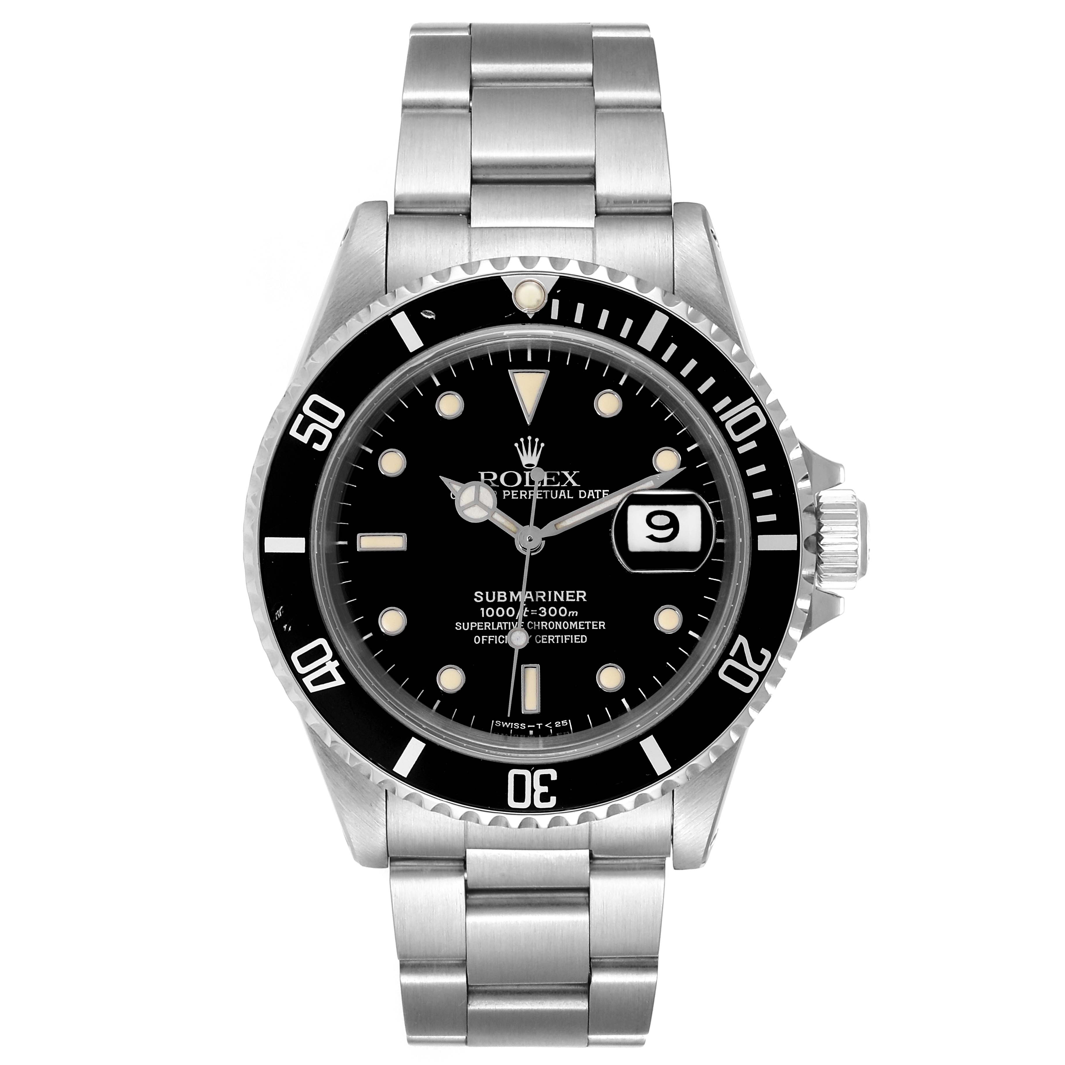 The image shows a front view of the Rolex Submariner 16610 Men
s Stainless Steel Black Dial 16610 Men
s Stainless Steel Black Dial watch, including the bracelet, bezel, dial, and crown.