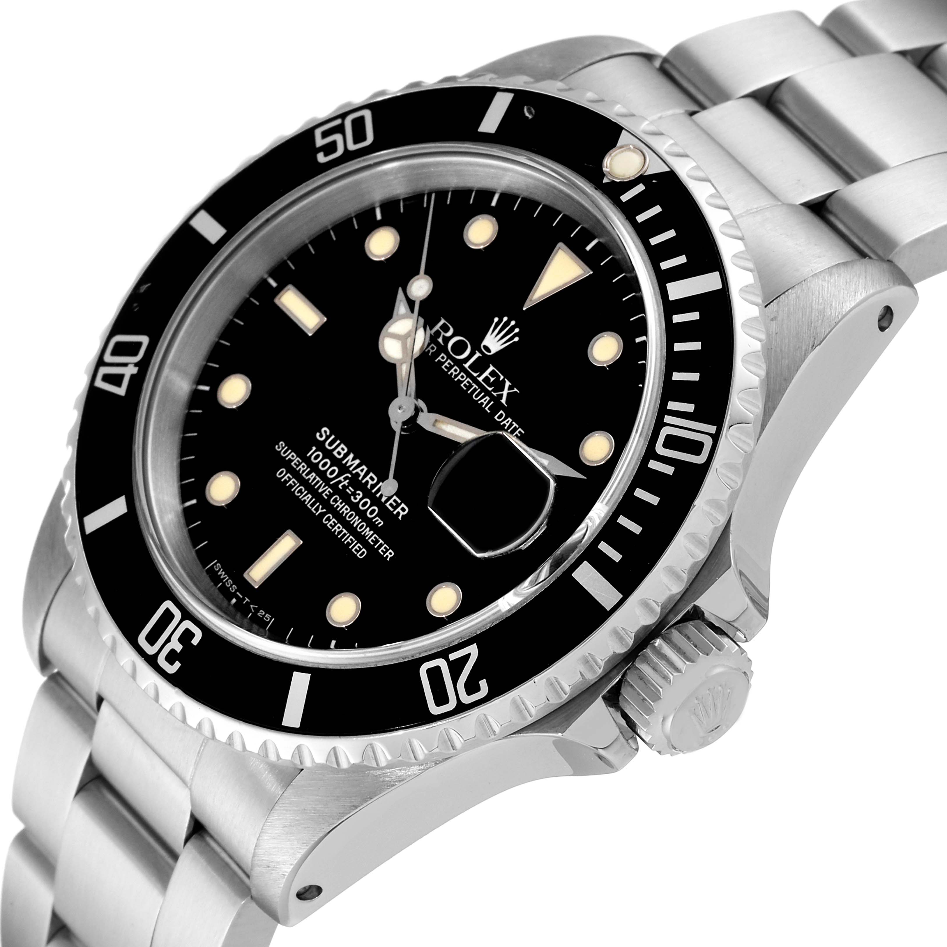 The image shows a close-up angled view of the face and bracelet of a Rolex Submariner 16610 Men
s Stainless Steel Black Dial 16610 Men
s Stainless Steel Black Dial watch.