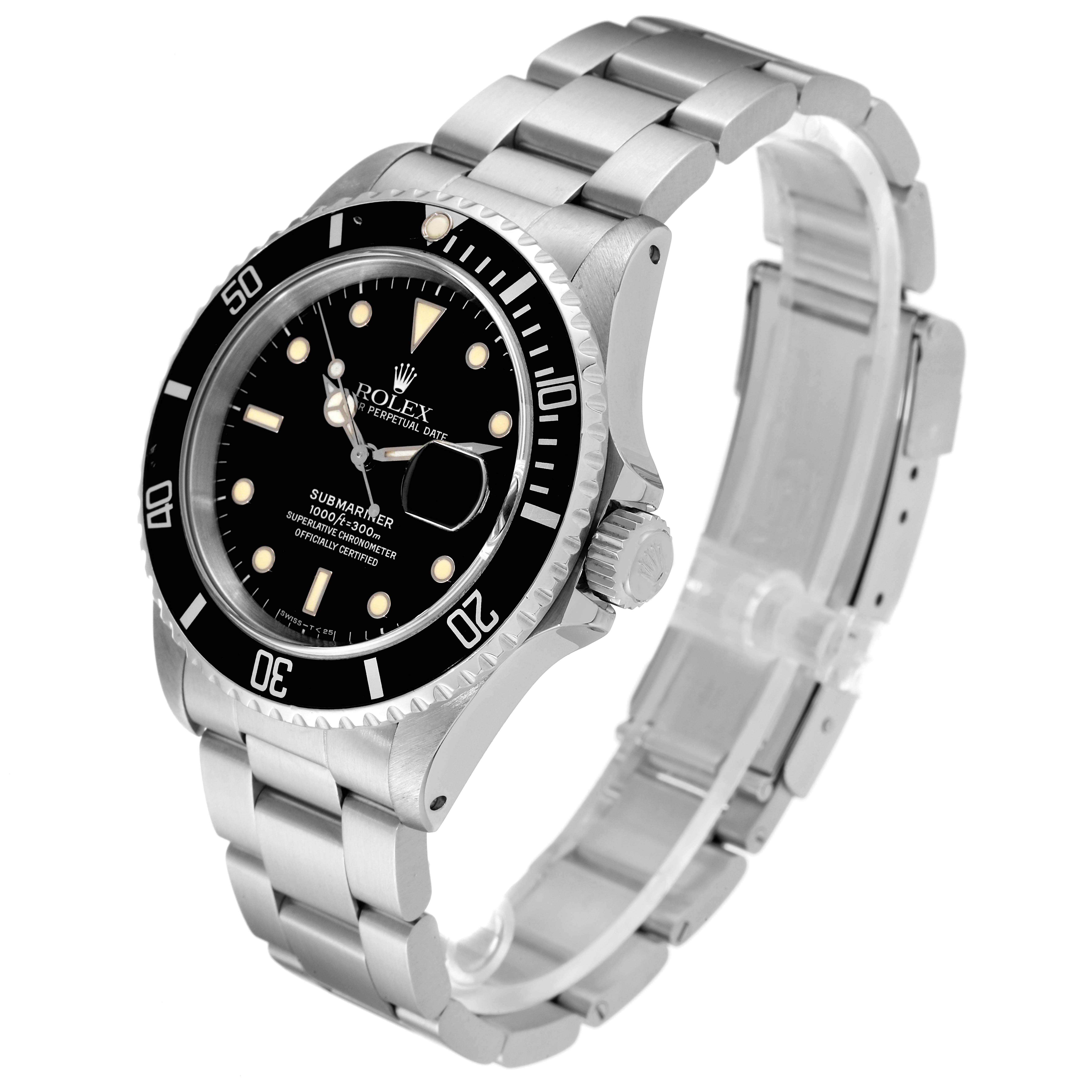 This image shows a Rolex Submariner 16610 Men
s Stainless Steel Black Dial 16610 Men
s Stainless Steel Black Dial watch at a three-quarter angle displaying the face, bezel, crown, and bracelet.