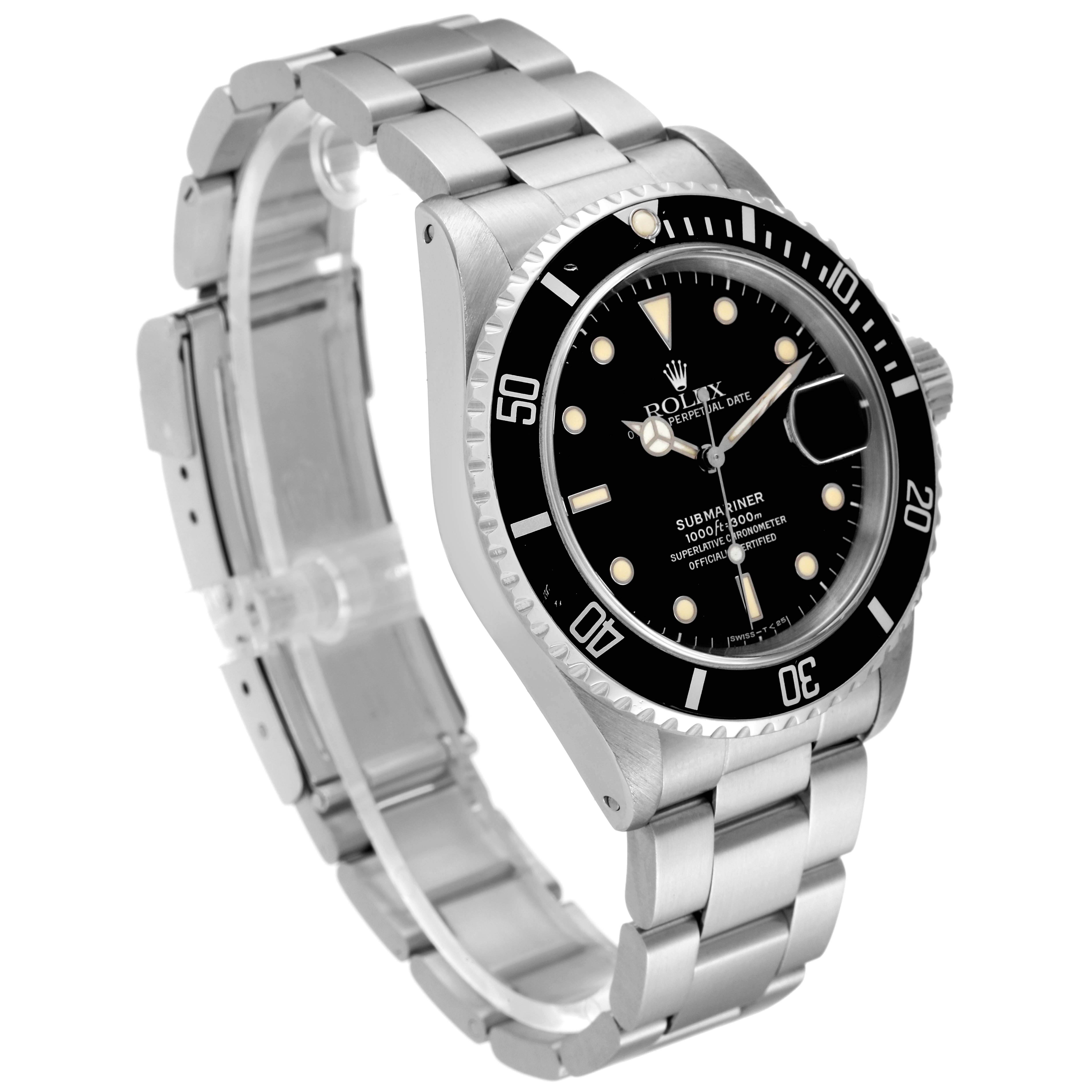 The image shows a Rolex Submariner 16610 Men
s Stainless Steel Black Dial 16610 Men
s Stainless Steel Black Dial watch at an angled view, highlighting the face, bezel, and partially opened bracelet.