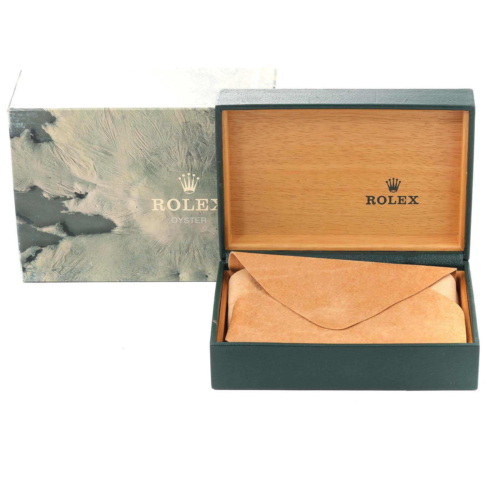 The image shows a Rolex Submariner 16610 Men
s Stainless Steel Black Dial 16610 Men
s Stainless Steel Black Dial watch box and packaging, with the open box revealing a suede watch case inside.