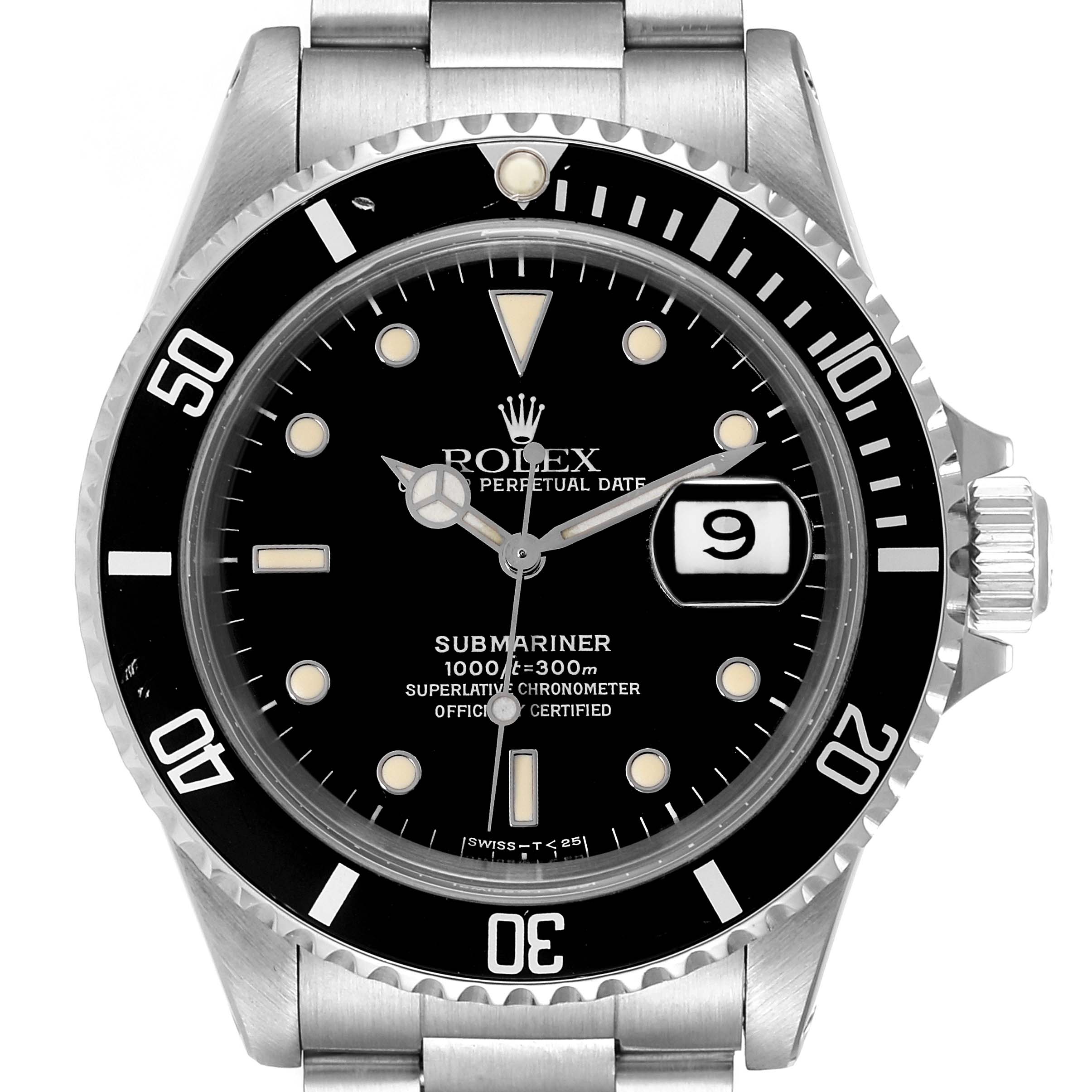 The image shows a frontal view of a Rolex Submariner 16610 Men
s Stainless Steel Black Dial 16610 Men
s Stainless Steel Black Dial watch, displaying its dial, bezel, hands, date window, and part of the bracelet.