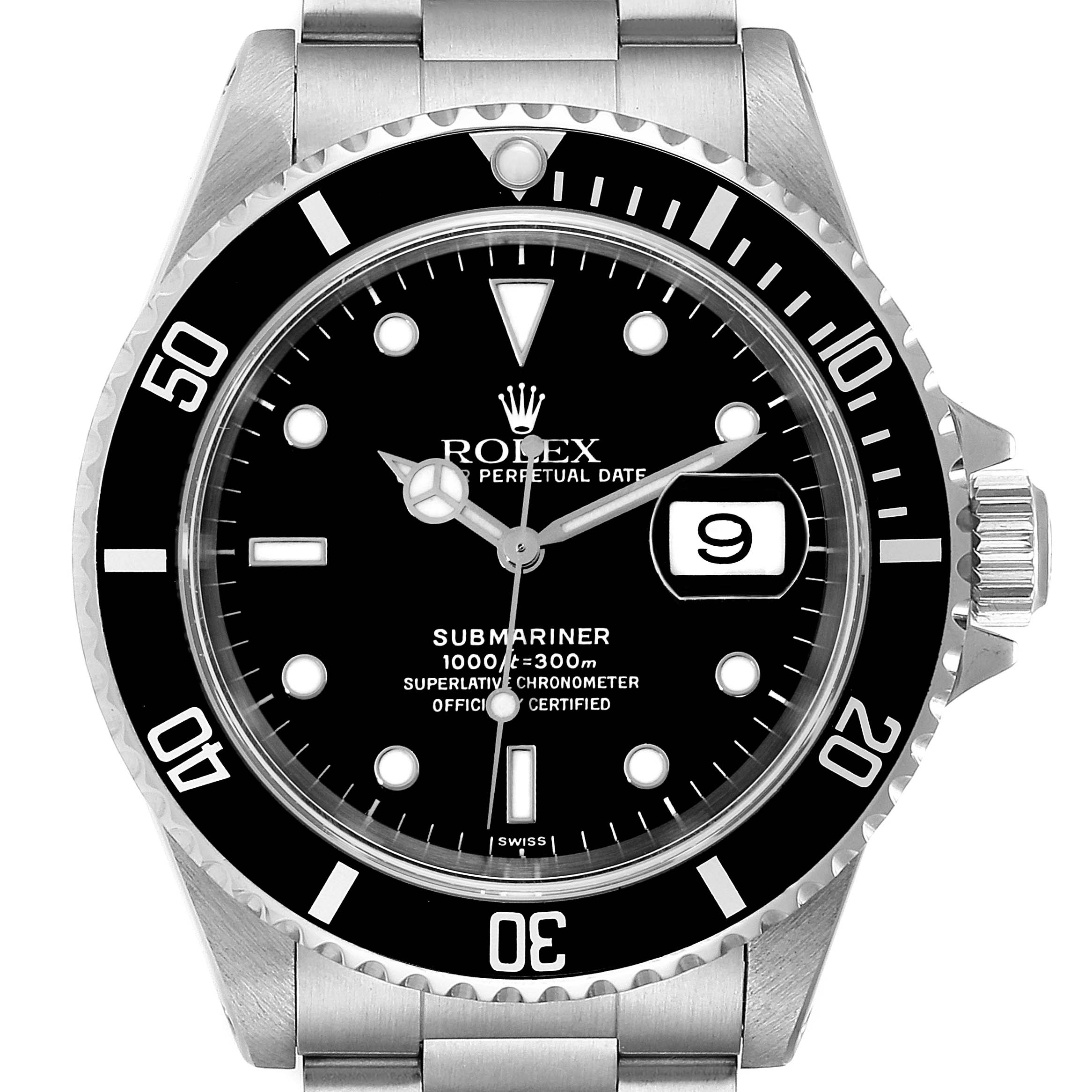 The image shows a frontal view of the Rolex Submariner 16610 Men
s Stainless Steel Black Dial 16610 Men
s Stainless Steel Black Dial watch, highlighting the dial, bezel, date window, and crown.