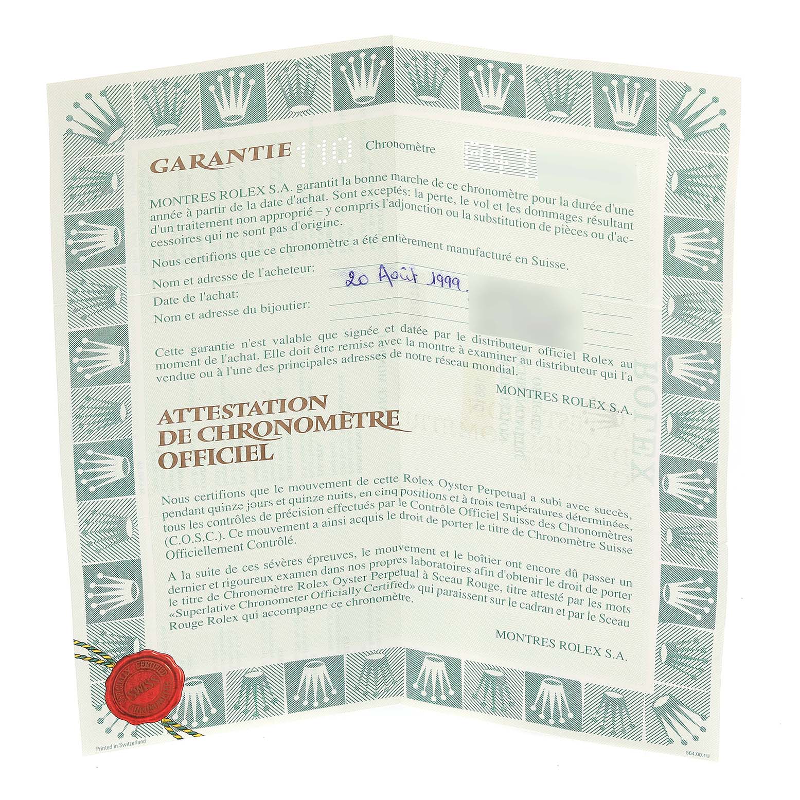 This image shows the official warranty and chronometer certification document for a Rolex Submariner 16610 Men
s Stainless Steel Black Dial 16610 Men
s Stainless Steel Black Dial watch.