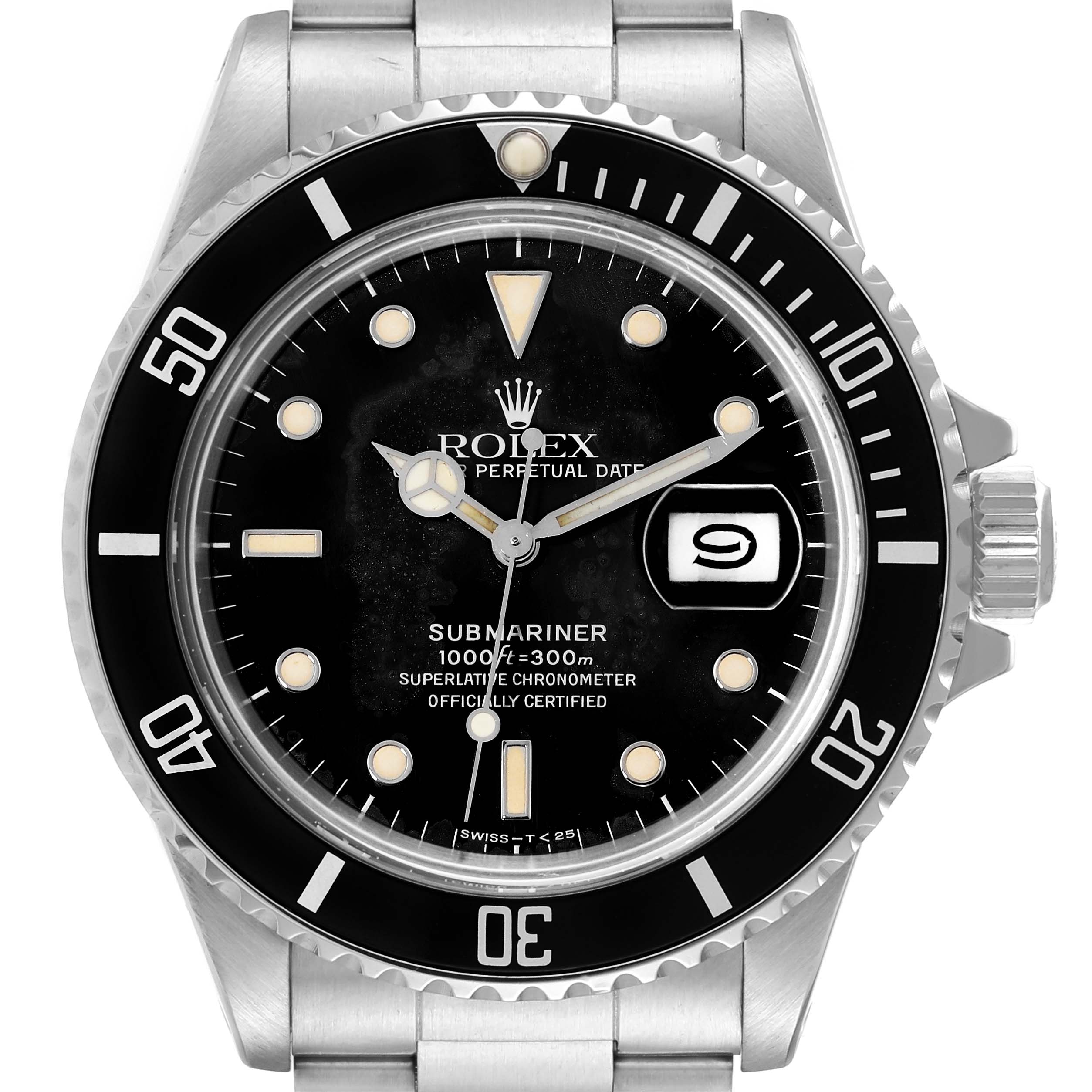 The image shows a front view of the Rolex Vintage Collection 168000 Men's Stainless Steel Black Dial 168000 Men's Stainless Steel Black Dial Submariner watch with a black dial and date display.