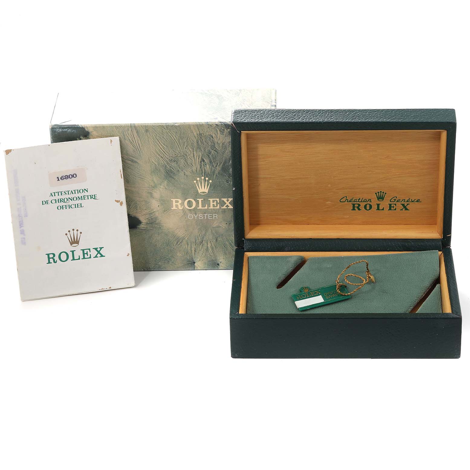 This image shows the box and accessories for the Rolex Vintage Collection 168000 Men's Stainless Steel Black Dial 168000 Men's Stainless Steel Black Dial model, including the certificate and tags.