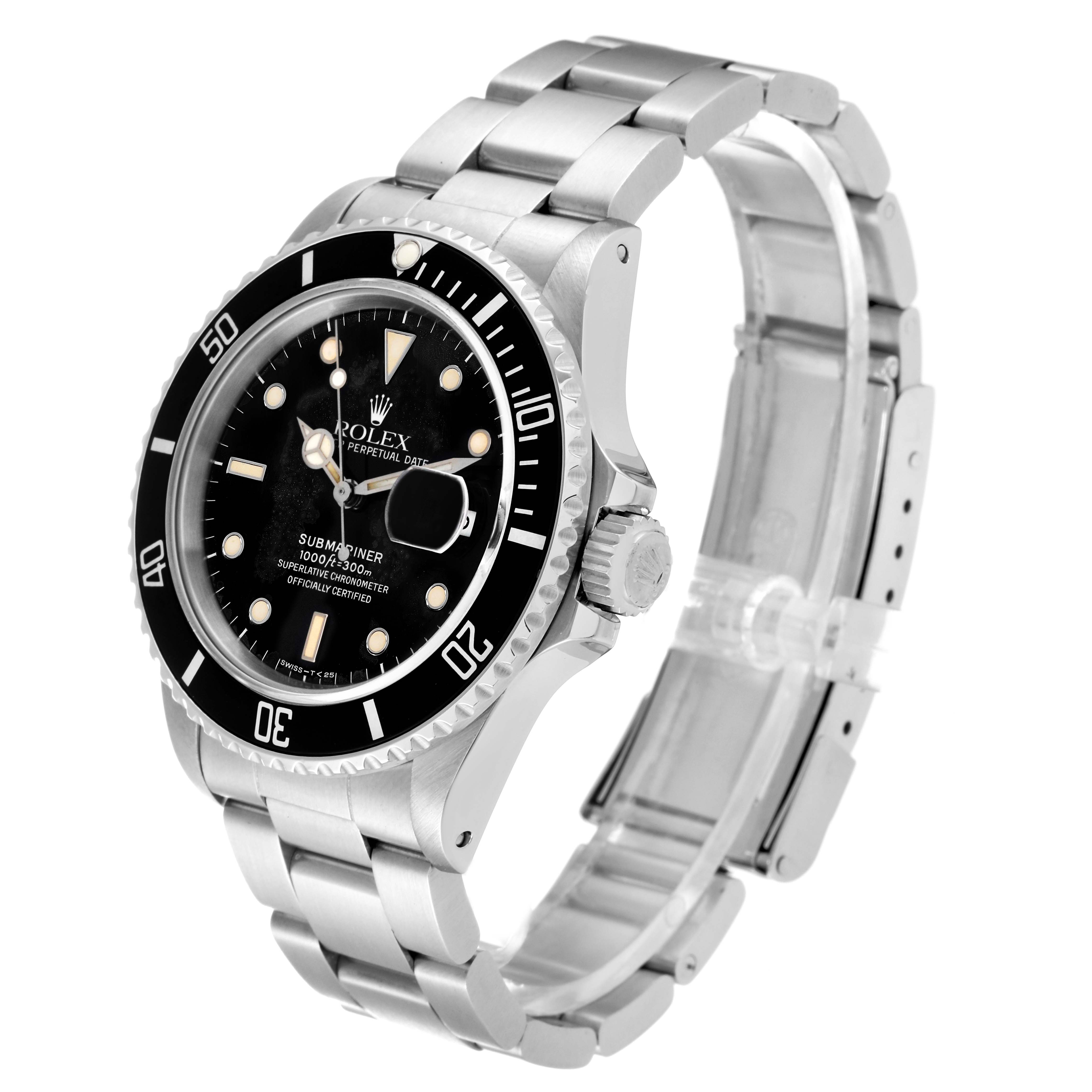 The Rolex Vintage Collection 168000 Men's Stainless Steel Black Dial 168000 Men's Stainless Steel Black Dial Submariner watch is shown at a three-quarter angle, highlighting the face, bezel, crown, and bracelet.