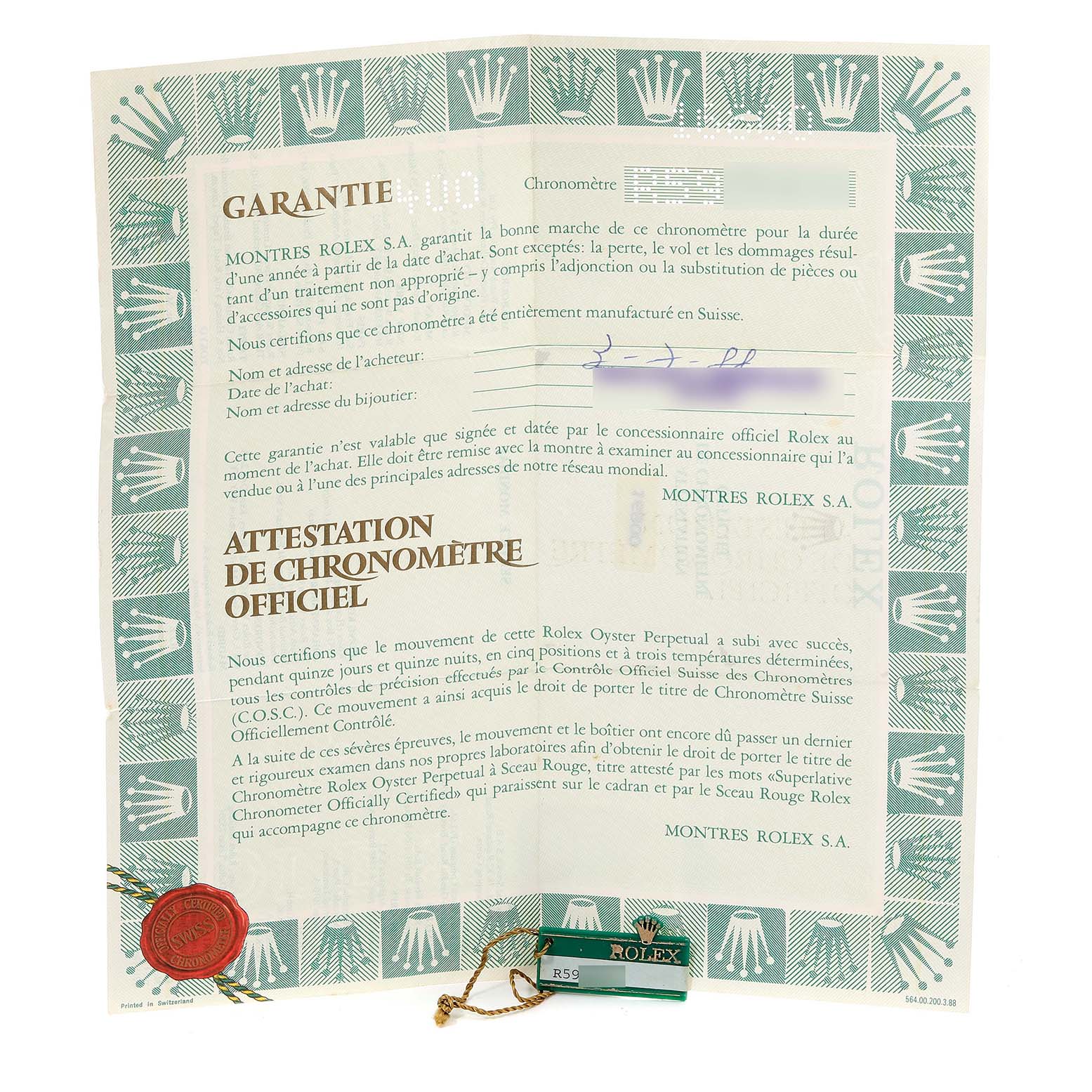 The image shows a Garantie (warranty) certificate for the Vintage Collection model by Rolex, with an attached Rolex tag.
